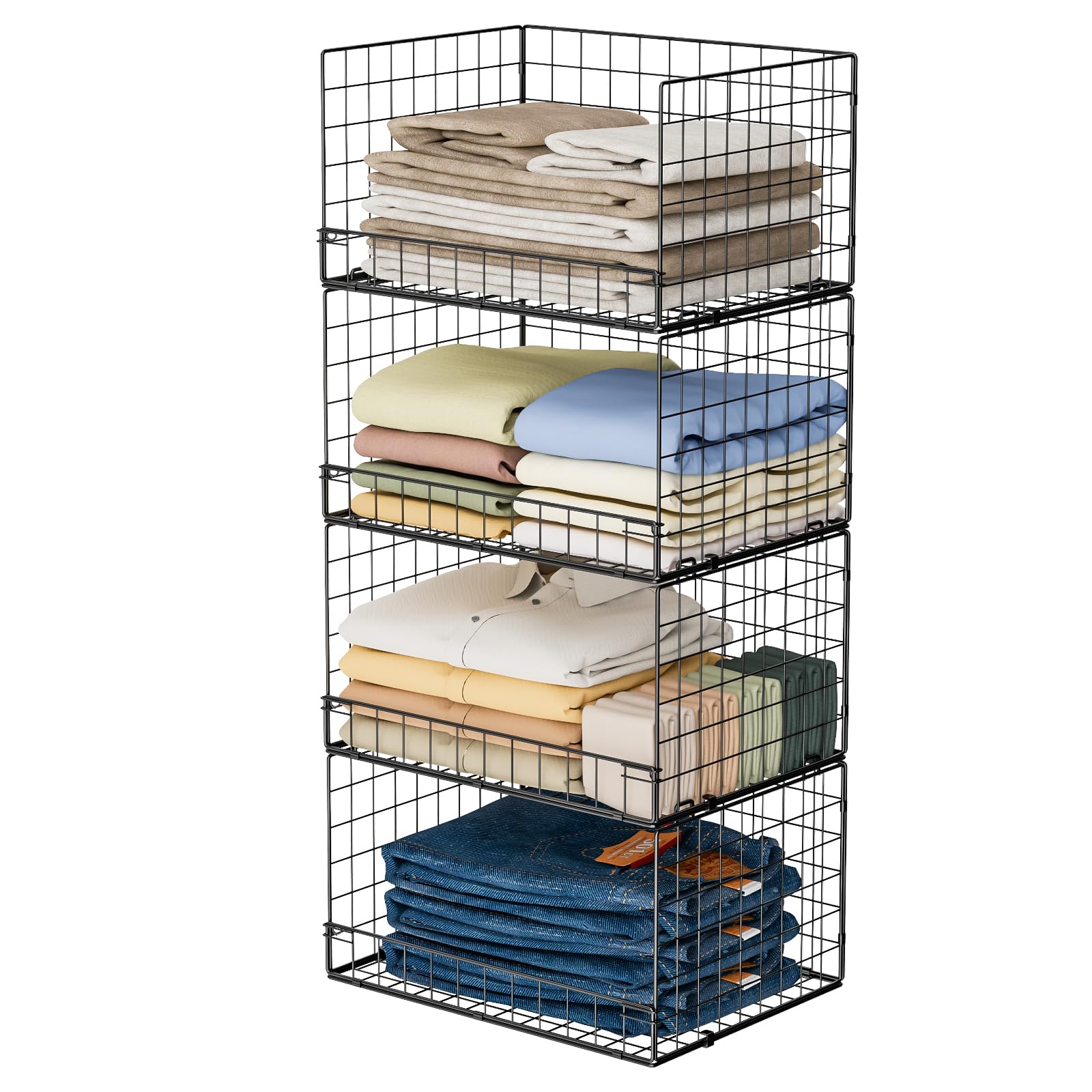 Yociyoga 4-Tier Stackable Closet Organizers and Storage Shelves, Clothes Shelf Organizer Basket Bins, Foldable Sweater Storage for Closet Organizer System, Black (Patent Pending)