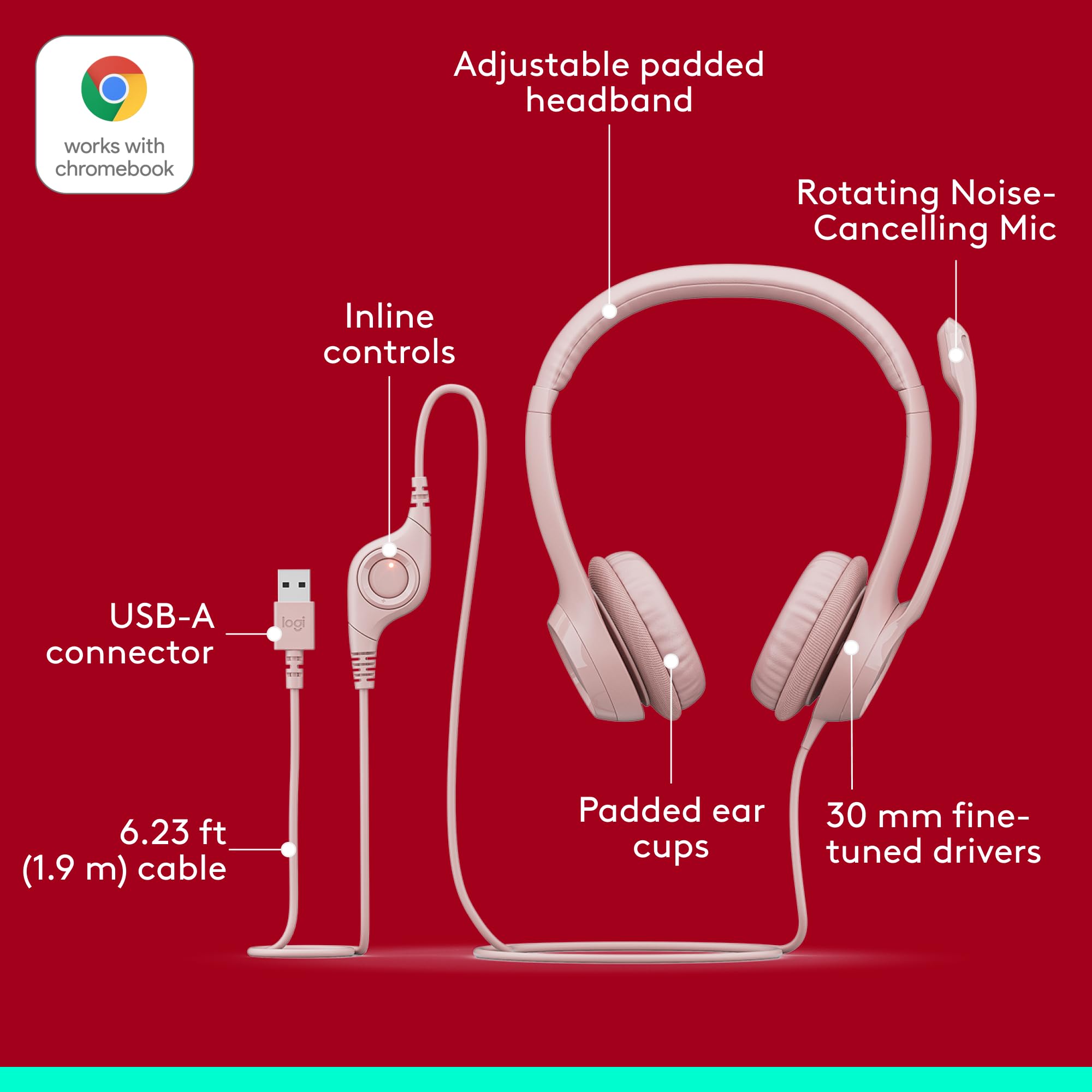 Logitech H390 Gaming Headphones, Wired Headphones with Mic, USB Headset with Microphone for PC, Noise Cancelling Microphone for Video Meetings, Music, Gaming - Rose