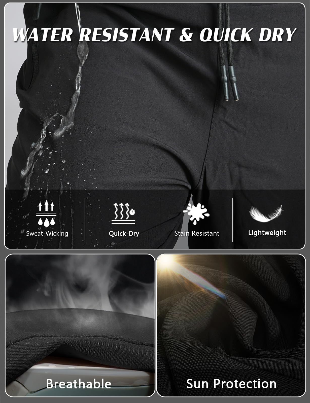 Athletic Pants for Men Water Resistant Quick Dry Lightweight Polyester Workout Warm Up Hiking Sweatpants with Pockets Black