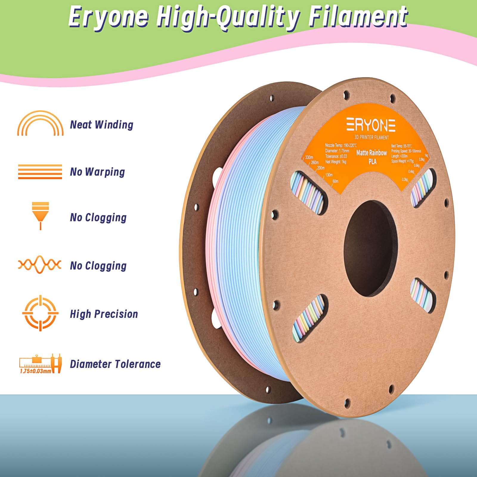 ERYONE Matte Rainbow 3D Printer PLA Filament 1.75 +/- 0.03mm, Matte Muticolor Filament PLA 1KG(2.2LBS) Spool, Matte Macaron Rainbow