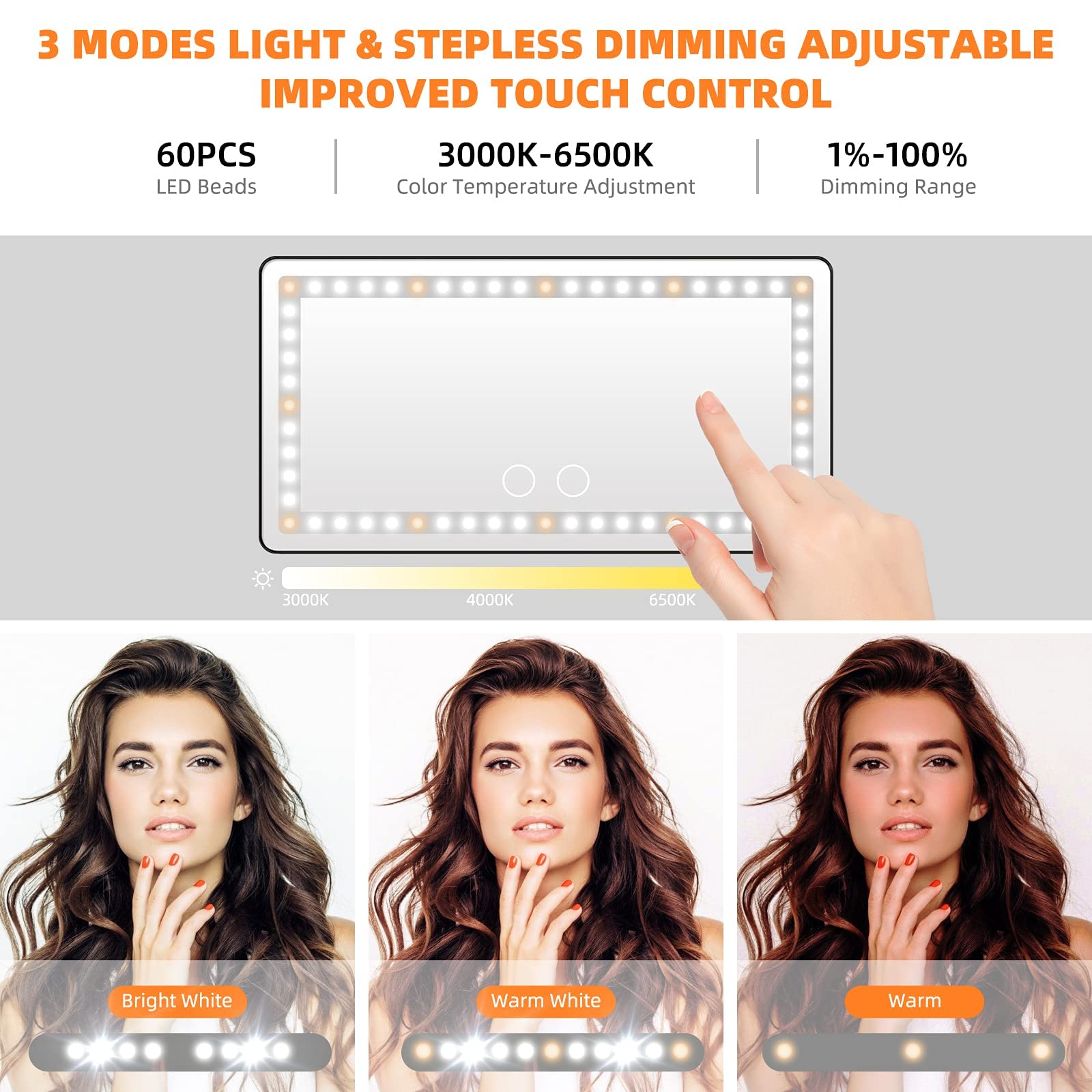 Car Sun Visor Vanity Mirror, with 3 Light Modes & 60 LEDs - Rechargeable Dimmable Clip-on Rear View Sun-Shading Cosmetic Makeup Mirror, Universal for Car SUV(Black)
