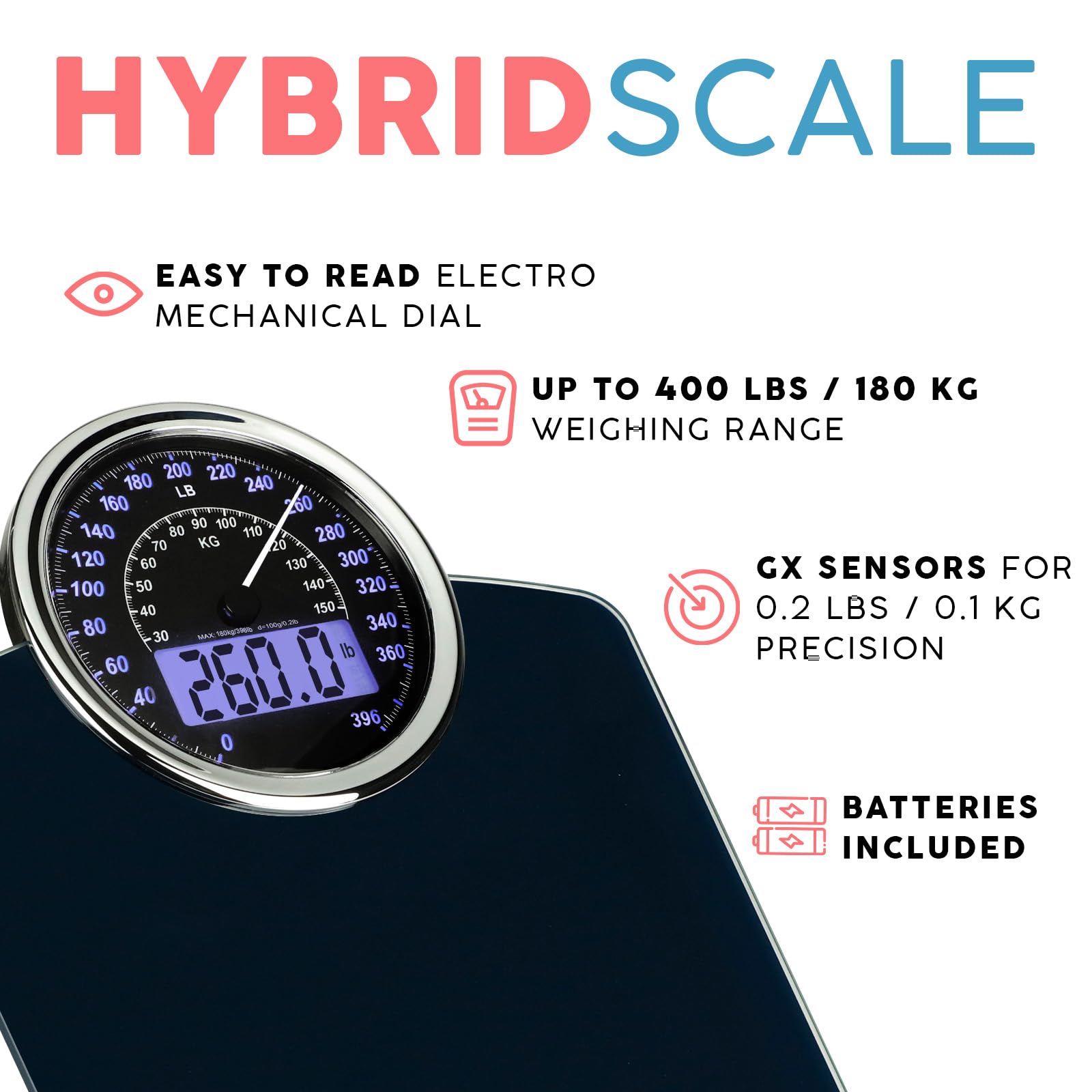 Adamson Hybrid 2-in-1 Analog & Digital Weighing Scale for Body Weight up to 400lbs - Thick Tempered Glass - Extra Large Display - Easy to Read Digital Bathroom Scale - New