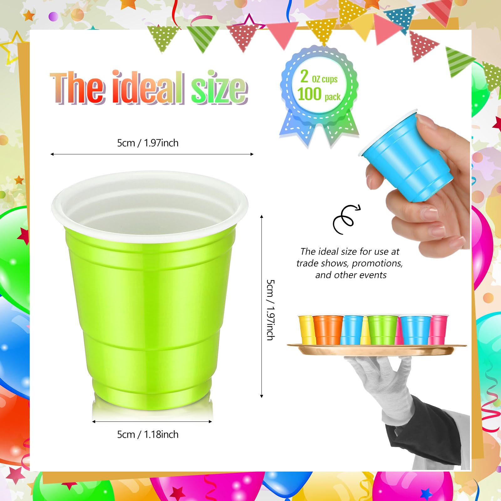 Roshtia 100 Pack 2 oz Plastic Shot Cups, Mini Disposable Shot Glasses 2 oz Party Cups for Wedding Halloween Thanksgiving Party, Beer Taste Serving, Snacks(Multi Colors)