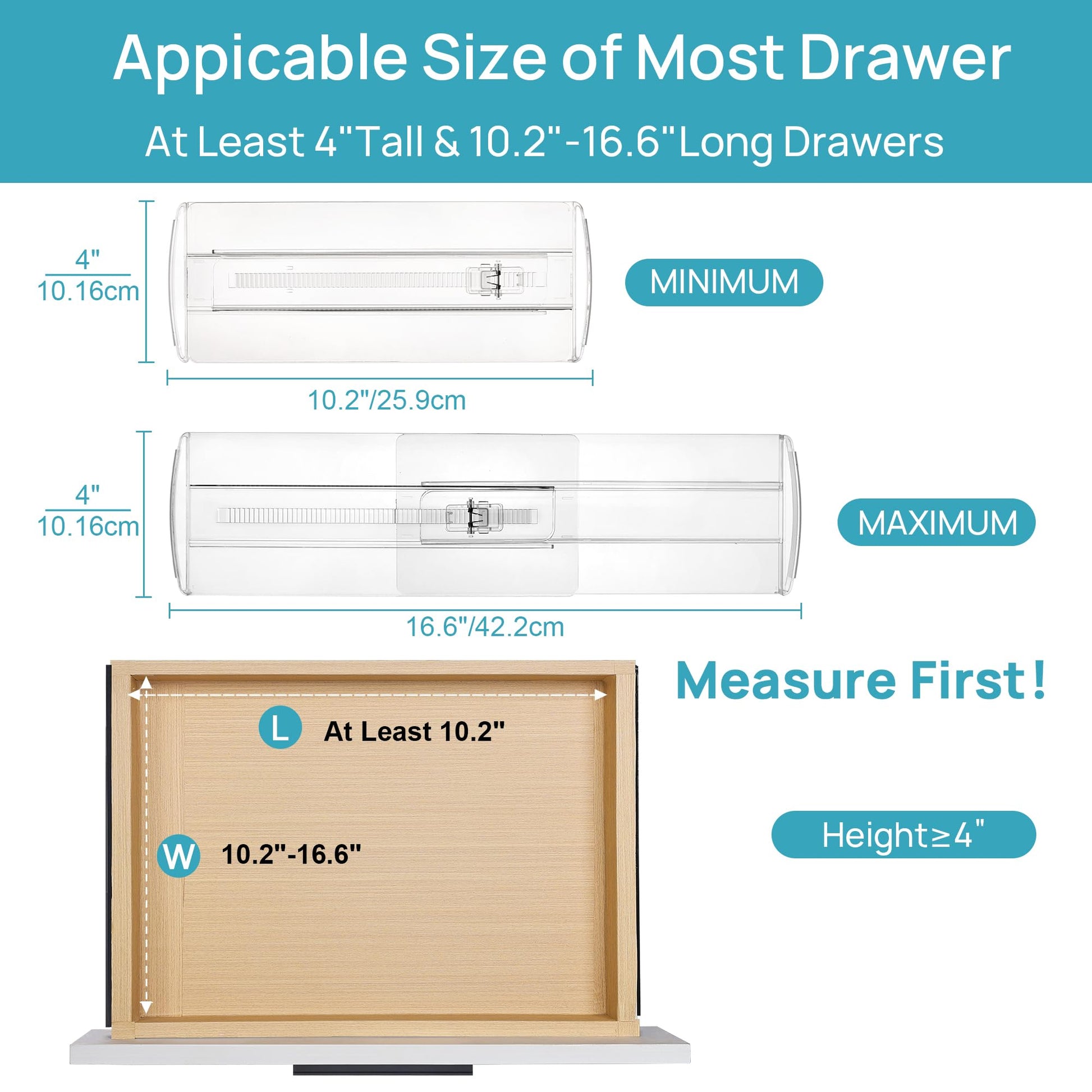 Vtopmart 12 Pack Drawer Dividers for Clothes, 4" High 10.2"-16.6" Adjustable Expandable Dresser Drawer Organizer, Clear Plastic Separators for Dresser, Baby Clothing, Underwear, Cosmetic, Toiletries