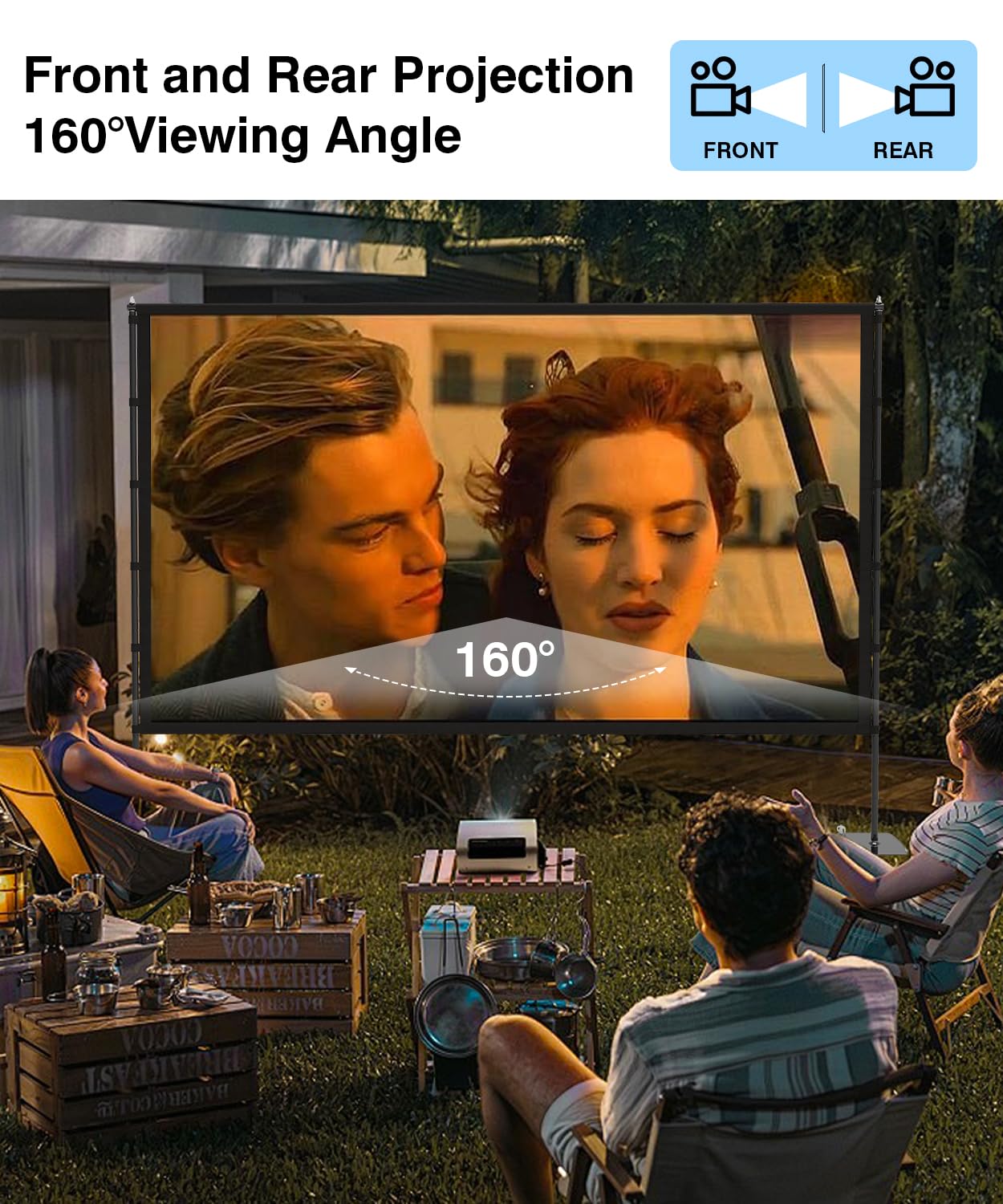 Outdoor-Projector-Screen-with-Stand - 120 inch Portable Projector Screen Indoor Outdoor Projector Screens 16:9 4K HD Lightweight Movie Screen with Carry Bag for Backyard Movie Night