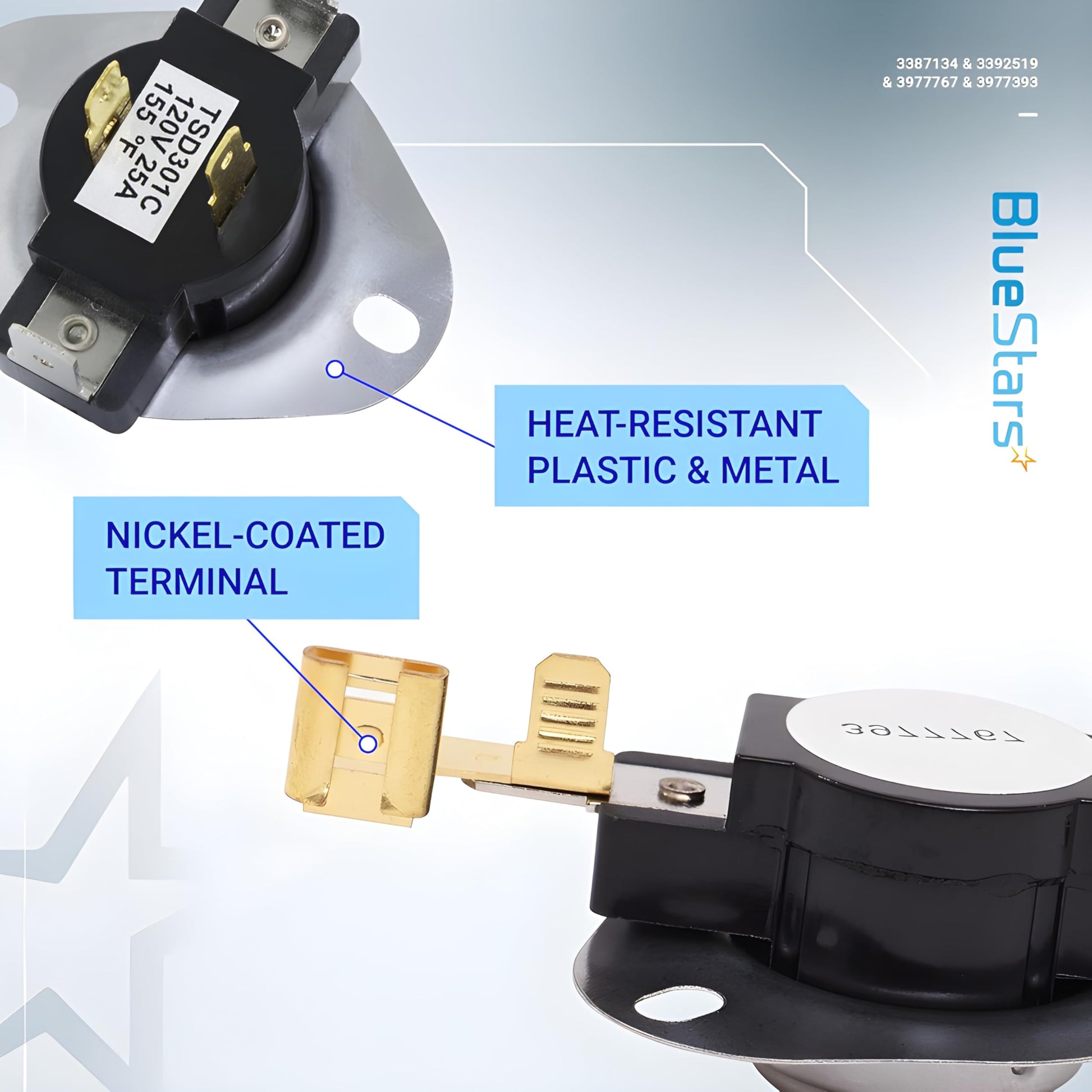 BlueStars [LIFETIME WARRANTY] 3387134 Cycling Thermostat 3392519 Dryer Thermal Fuse 3977393 Thermal Cut-off Switch 3977767 High-limit Thermostat Kit - Compatible with Whirlpool Kenmore Maytag Dryers