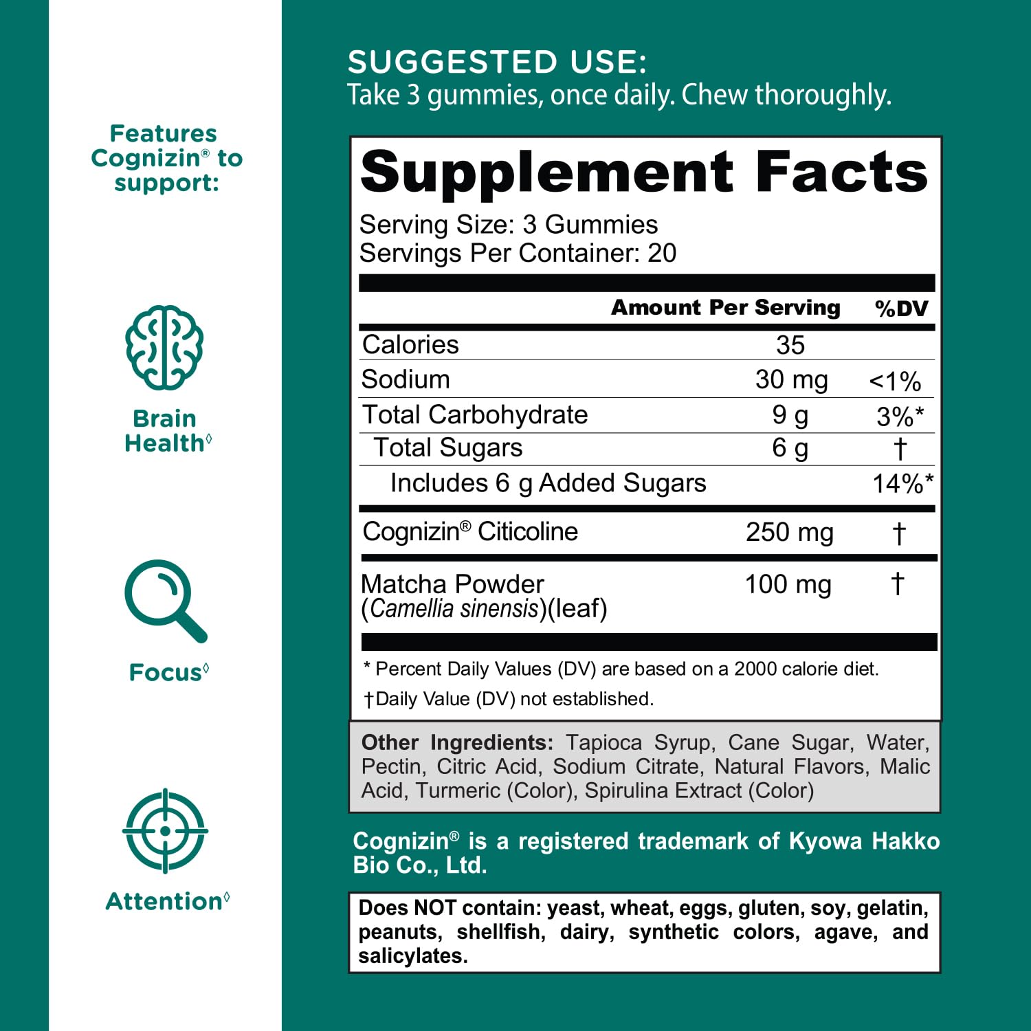 Goli Matcha Mind Gummies - 60 Count - Green Tea Leaves Powder with Cognizin for Focus, Attention and Brain Health, Vegan, Non-GMO, Gluten-Free & Gelatin Free.