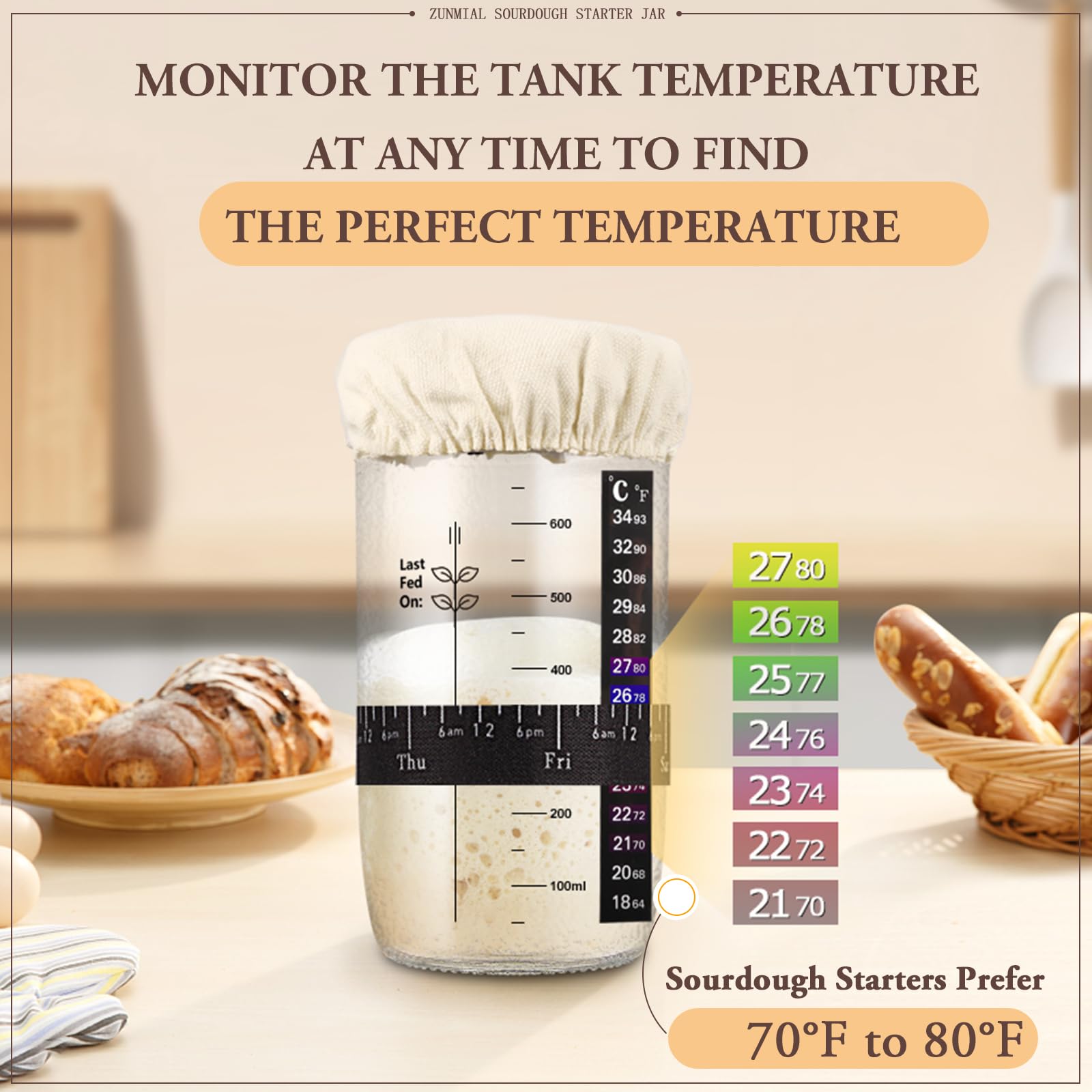 zunmial Sourdough Starter Jar, Sourdough Starter Kit with Date Marked Feeding Band, Thermometer, Cloth Cover & Metal Lid, Reusable Sourdough Bread Baking Supplies, Home Baking Supplies