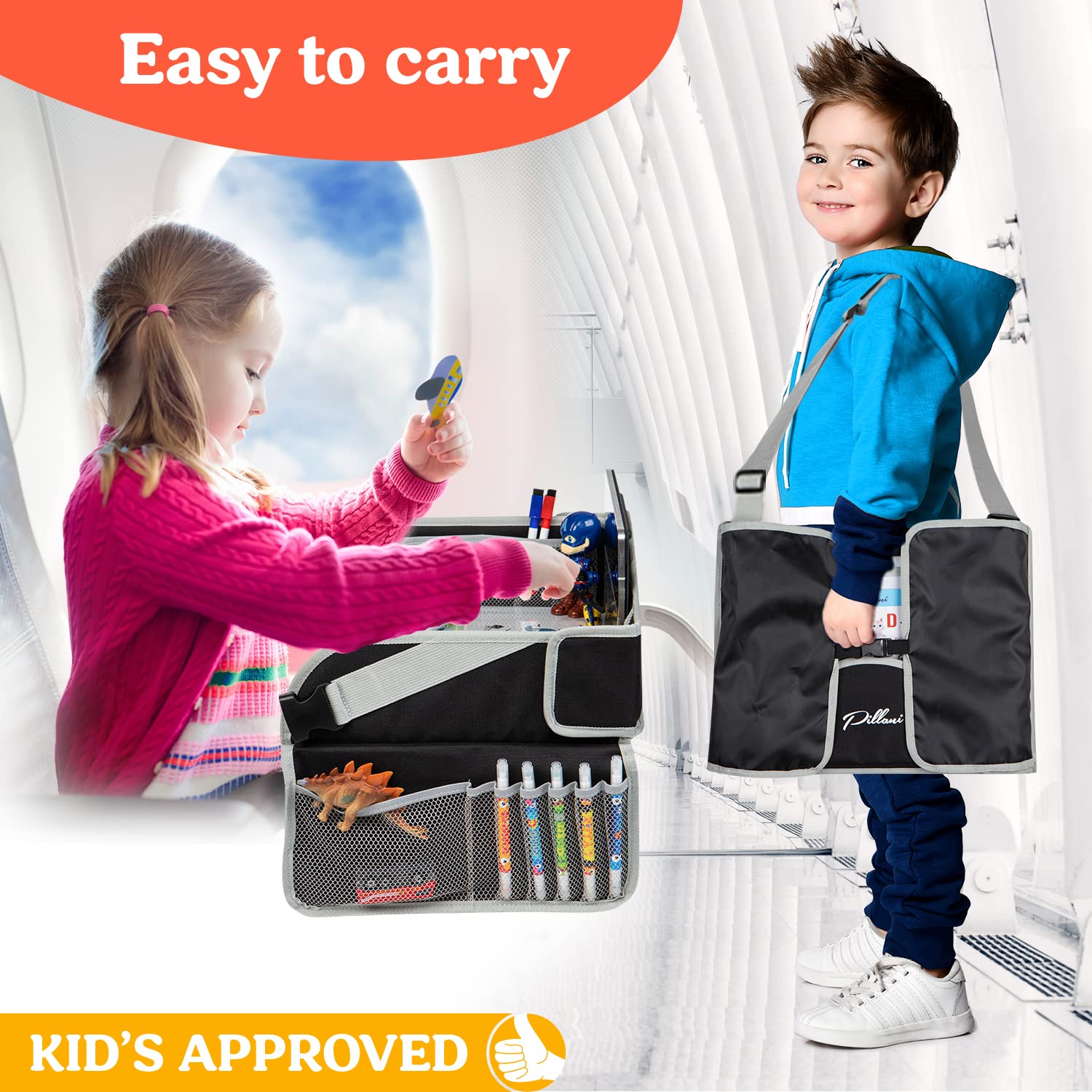 PILLANI Kids Travel Tray for Car - Car Seat Tray for Kids Travel, Road Trip Essentials - Carseat Table for Roadtrip Activities - Must Have Toddler Lap Desk Organizer for Airplane - Car Accessories
