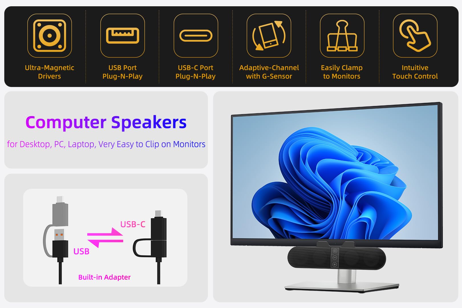 Computer Speakers for Desktop PC Monitor, USB Plug-in, Wired, Computer Soundbar for PC, Laptop Speakers with Adaptive-Channel-Switching, Loud Sound, Deep Bass, USB C Adapter, Easy to Clip on Monitor