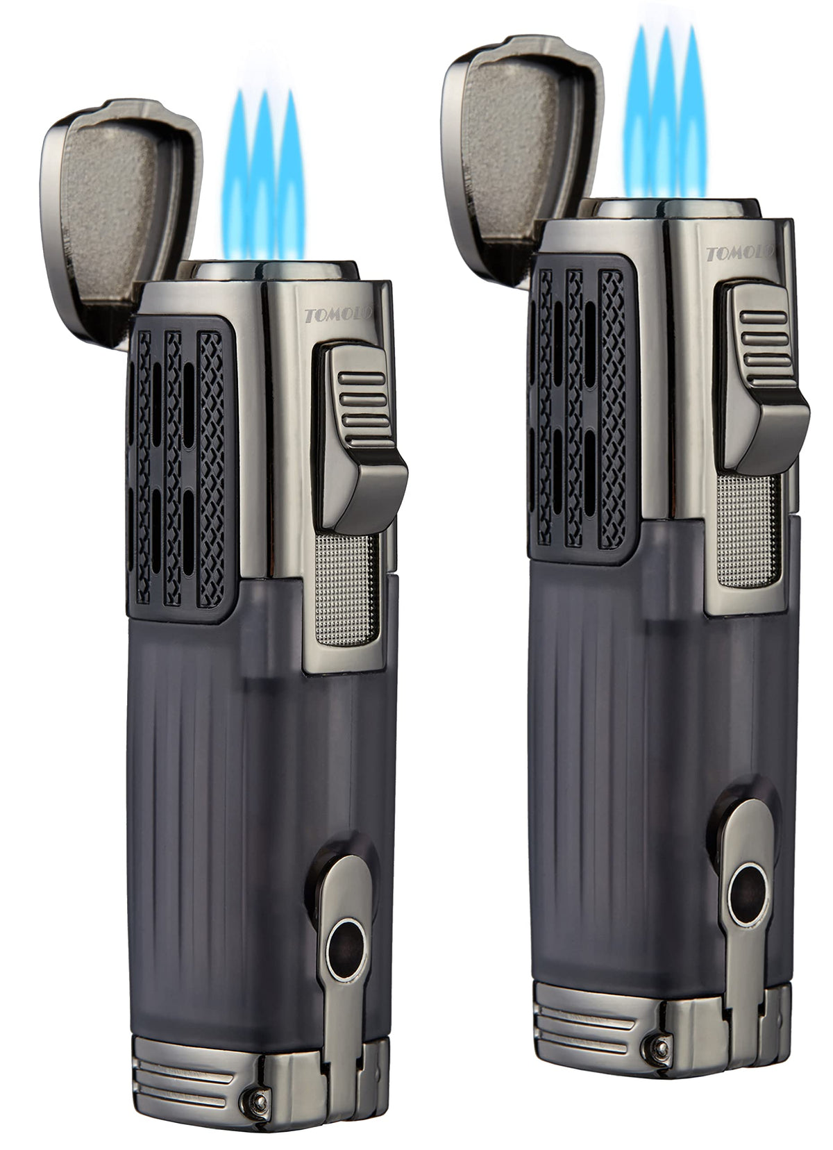TOMOLO Cigar Lighter Triple Jet Flame Torch Lighter Refillable Butane Lighter with Cigar Punch, 2 Pack, Charcoal