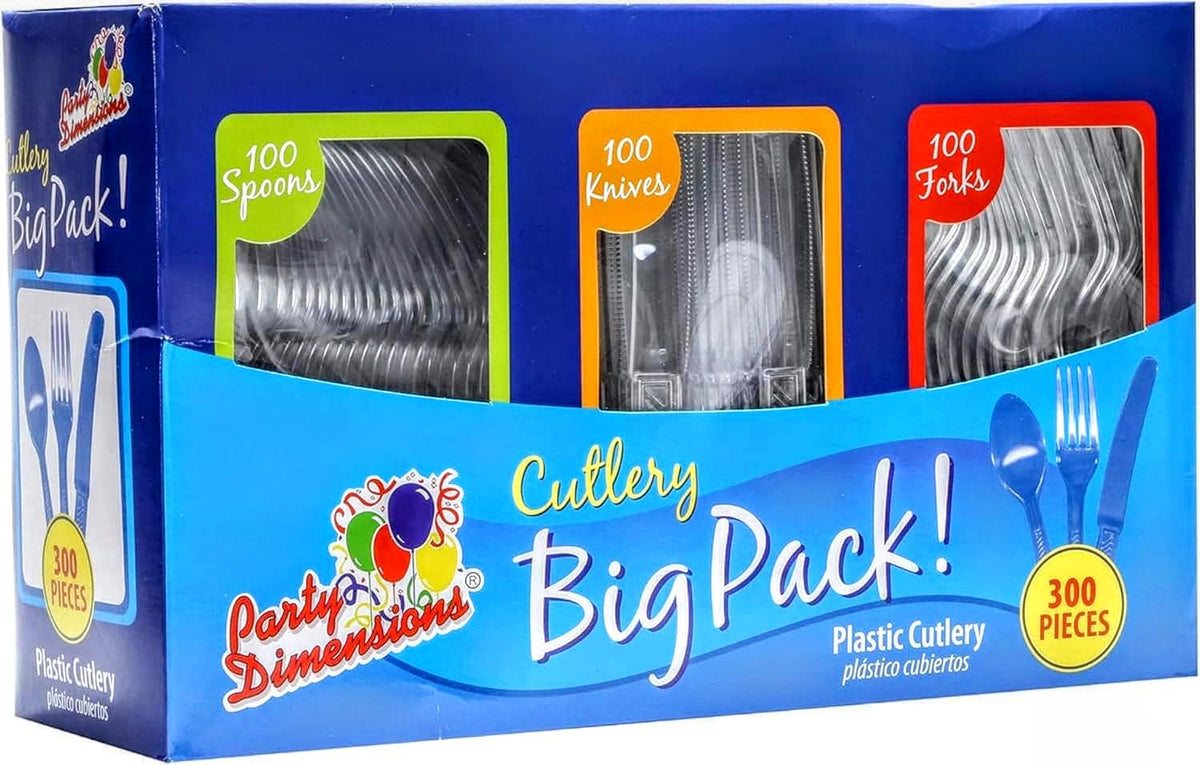 Party Dimensions 300 Count Plastic Cutlery Combo Box, Disposable Clear Plastic Silverware Utensils Set, 100 Forks, 100 spoons, 100 knives