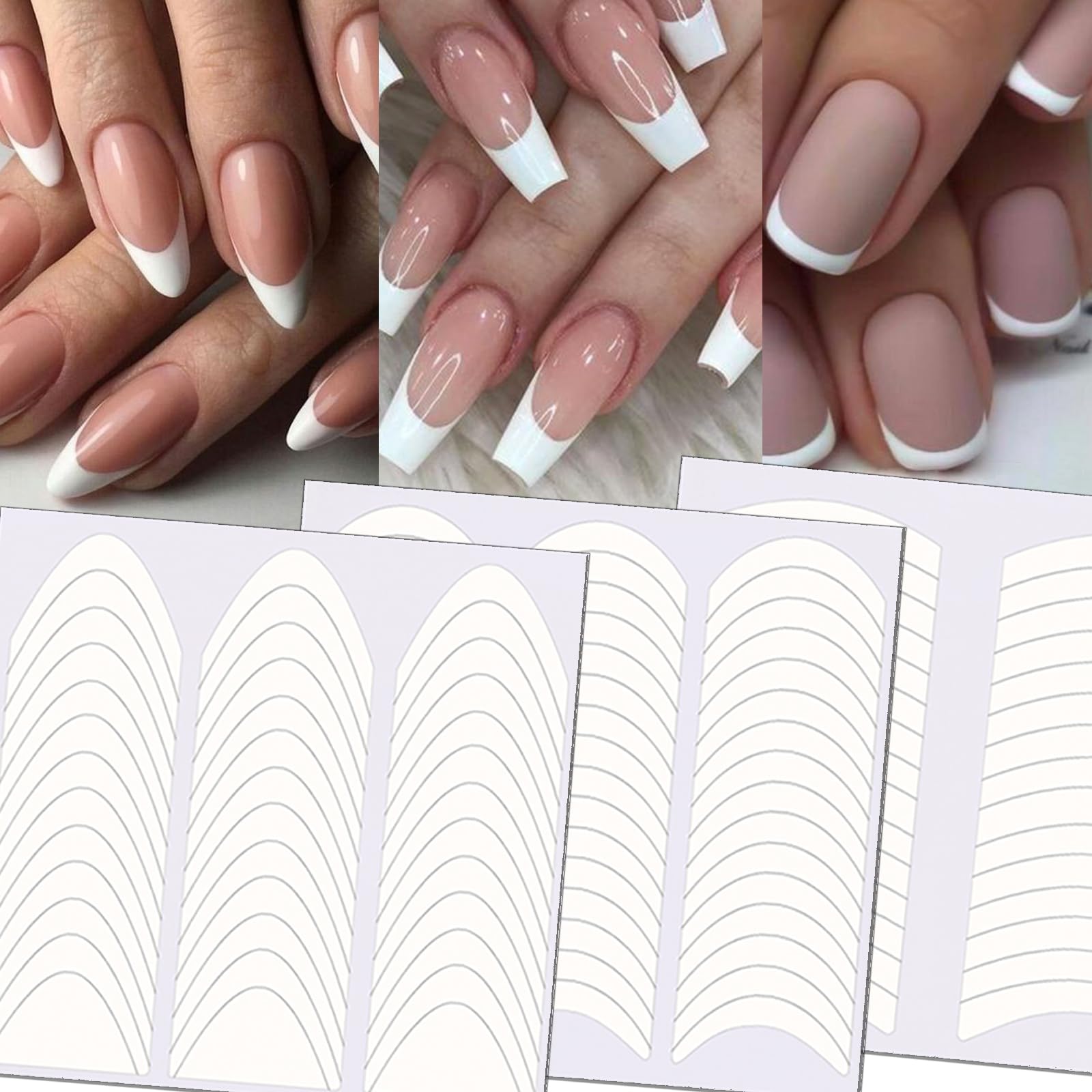 TailaiMei 36 Sheets 1368 Pieces French Manicure Nail Art Stickers, 3 Designs Self-Adhesive Nail Tips Guides for DIY Decoration Stencil Tools (3 Moon Shape Design, 36 Sheets)
