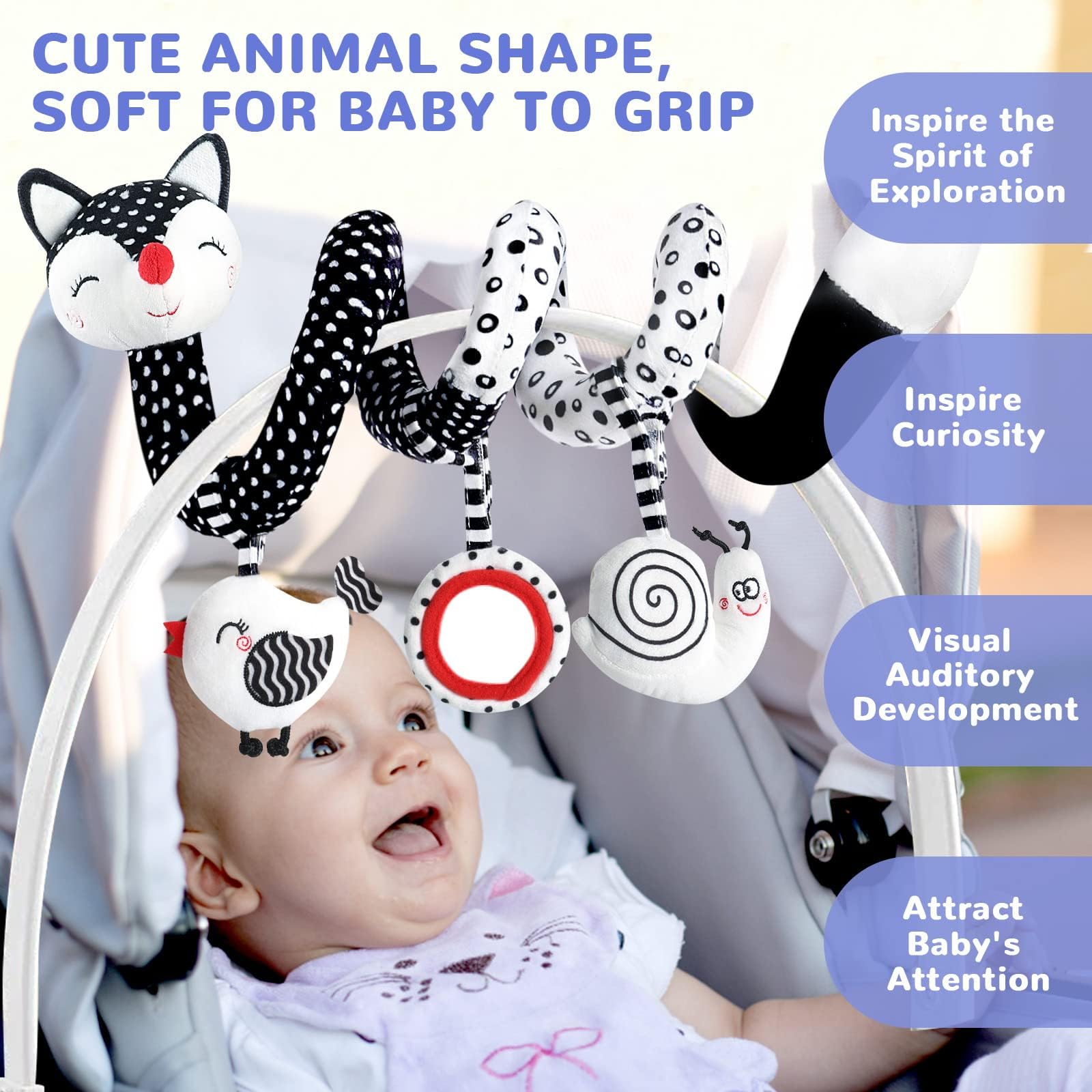 XIXILAND Baby Spiral Plush Toys, Black and White Baby Car Seat Toys, High Contrast Infant Newborn Toy 0-6 Months for Stroller Crib Mobile, Sensory Toy Best Gift for 0 3 6 9 12 Months Boys Girls