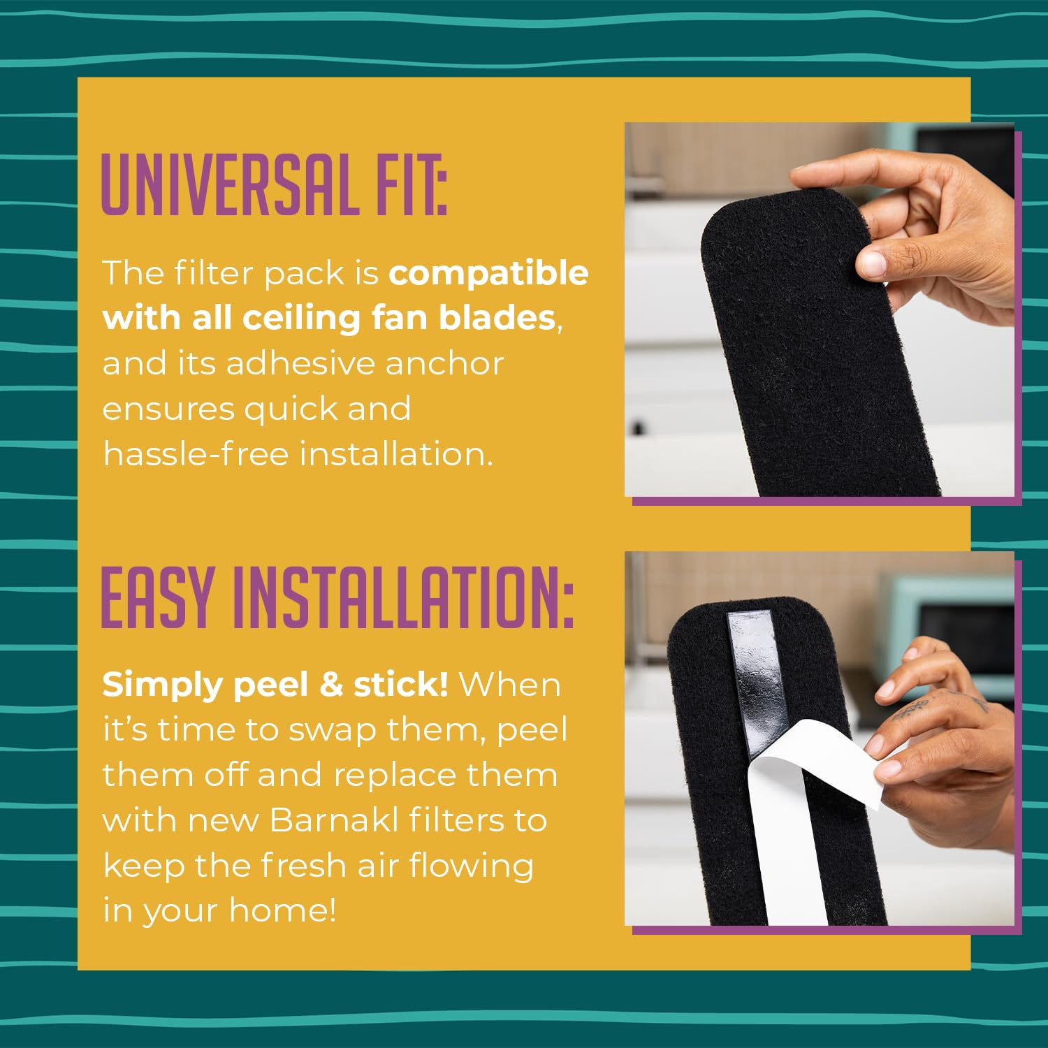 Barnakl Ceiling Fan Filters | Activated Coconut Shell Carbon Ceiling Fan Blade Filters for Common Household Contaminants | Easy-Stick Universal Fit, Unscented (5-Count)