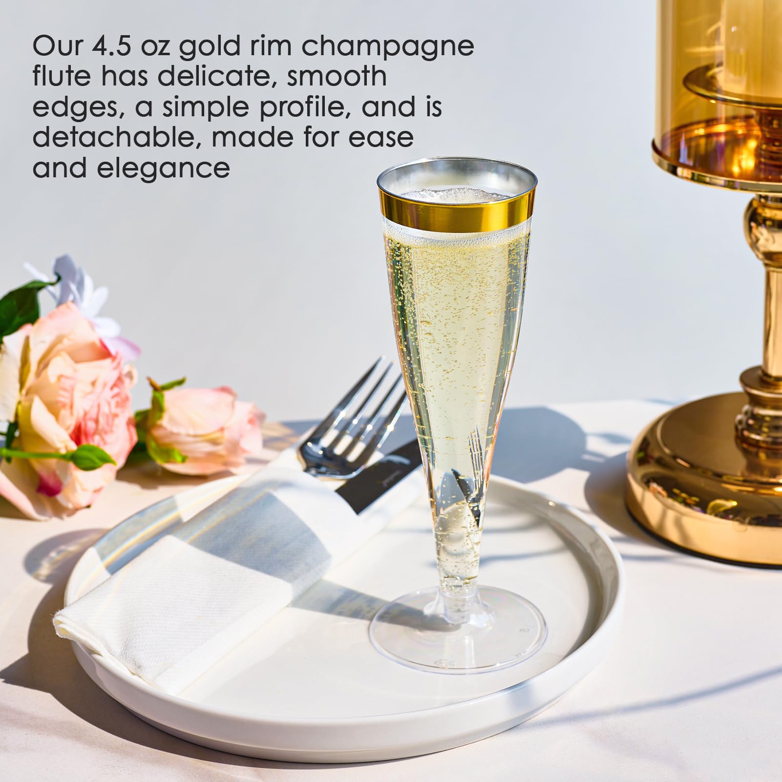 FOCUSLINE 100 Pack Plastic Champagne Flutes, 4.5 Oz Gold Rim Plastic Champagne Glasses, Disposable Clear Toasting Glasses Recyclable Champagne Cups for Wedding Party