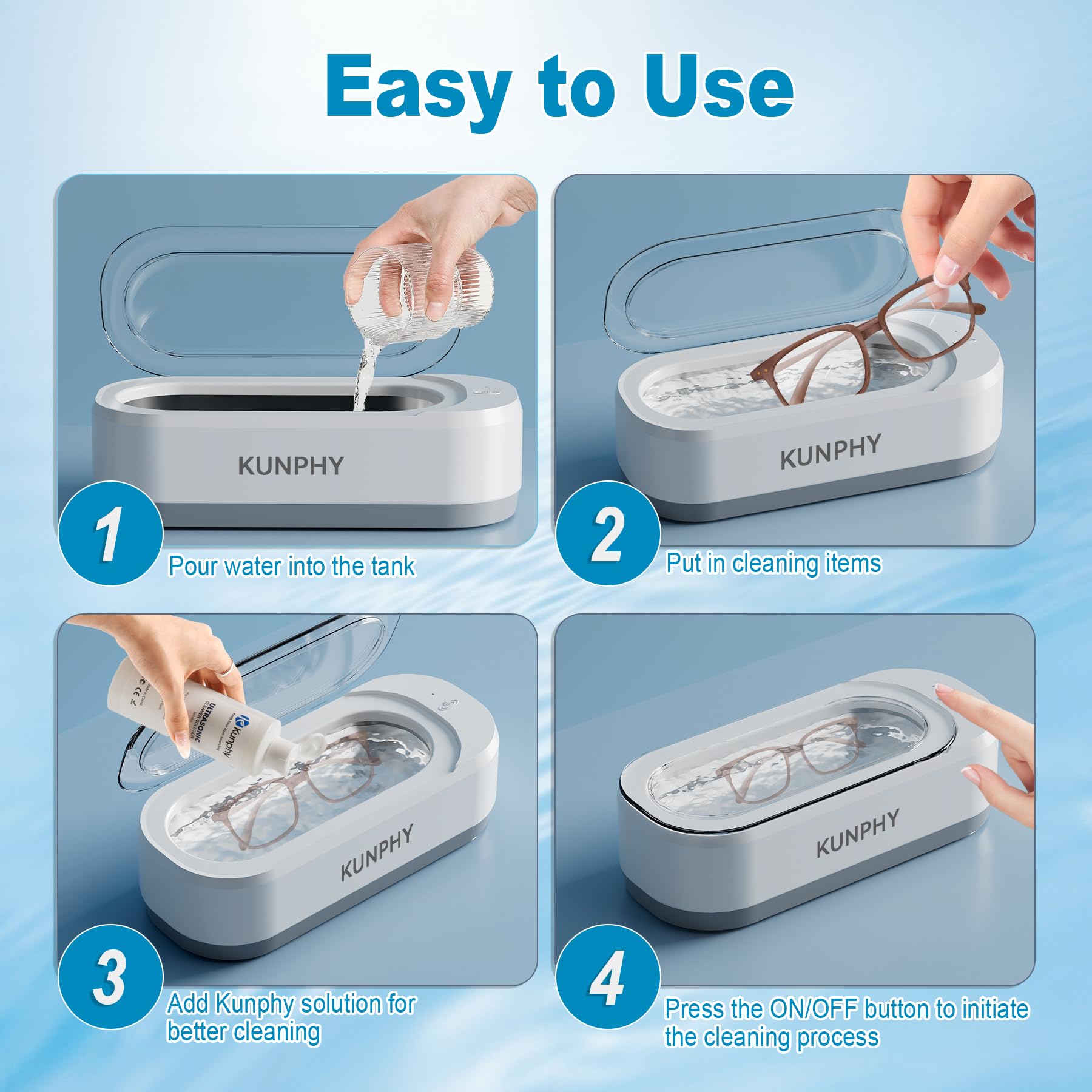 KUNPHY Ultrasonic Jewelry Cleaner, Jewelry Cleaner Machine 12oz 46KHz, Professional Sonic Cleaner with One-Touch Operation, Sonic Cleaner for Rings, Glasses, Jewelry, Dentures White