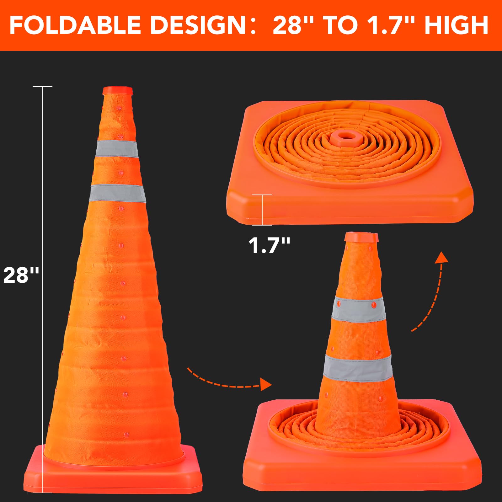 [2 Pack]28 Inch Collapsible Traffic Safety Cones - Parking Cones with Reflective Collars, Orange Safety Cones for Parking lot, Driveway, Driving Training etc