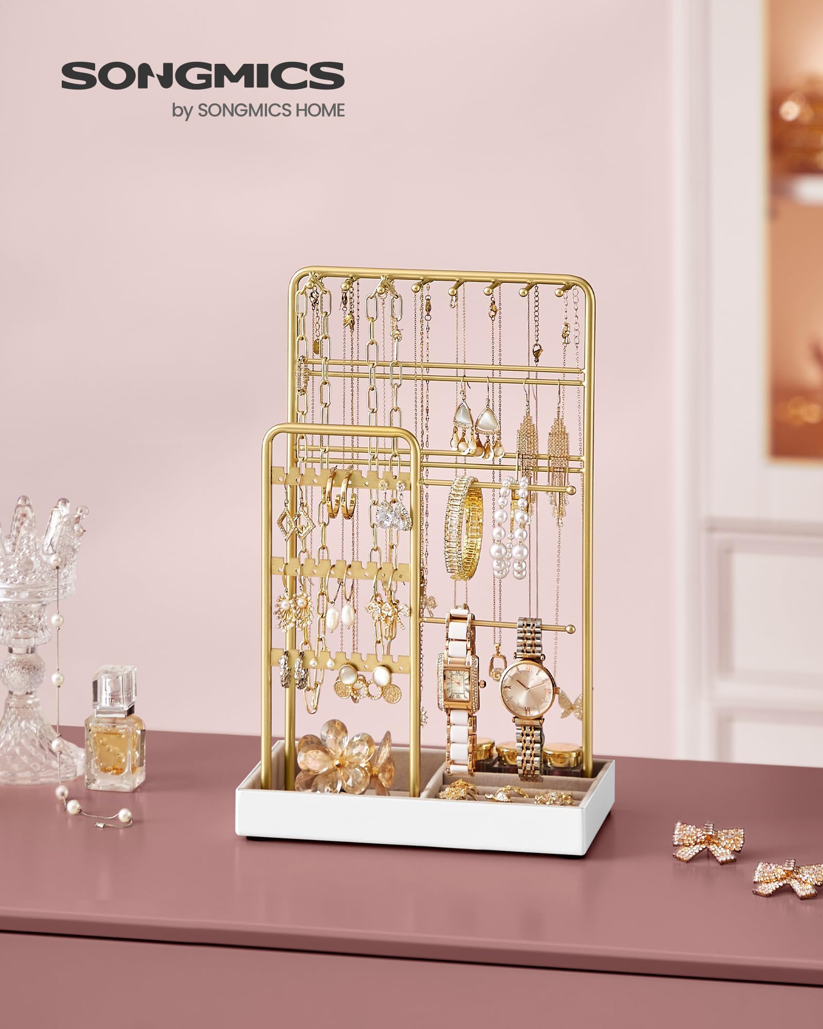 SONGMICS Jewelry Holder, Jewelry Organizer, Jewelry Display Stand with Metal Frame, Velvet Tray, Necklace Earring Bracelet Holder, for Studs, Rings, Gift Idea, Pale Gold UJJS021A01