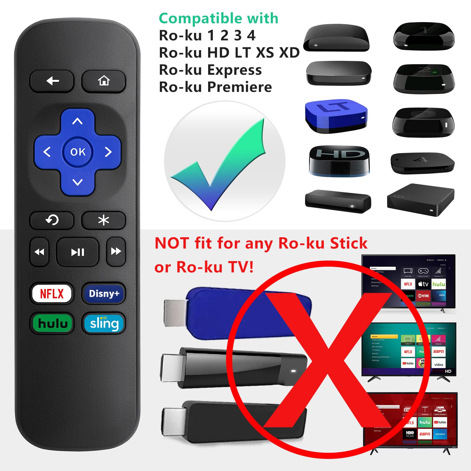 (2 Pack) Replacement Remote Control for Roku Express, for Roku Premiere, for Roku Box, for Roku Player, for Roku 1 2 3 4 -NOT for Stick or TV