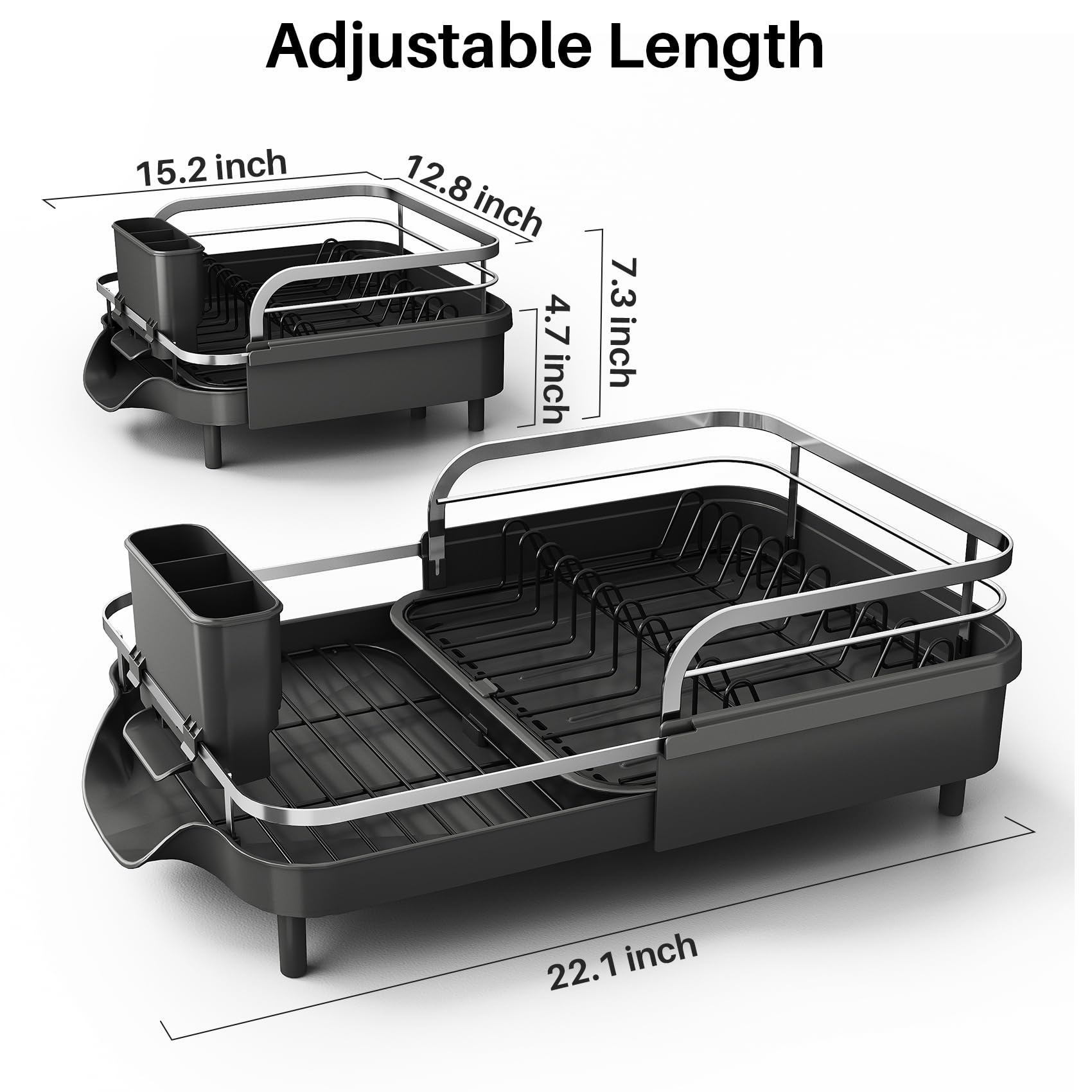 Dish Drying Rack, Expandable Dish Rack for Kitchen Counter, Stainless Steel Dish Drainer with Drainboard Set and Utensil Holder (Black)