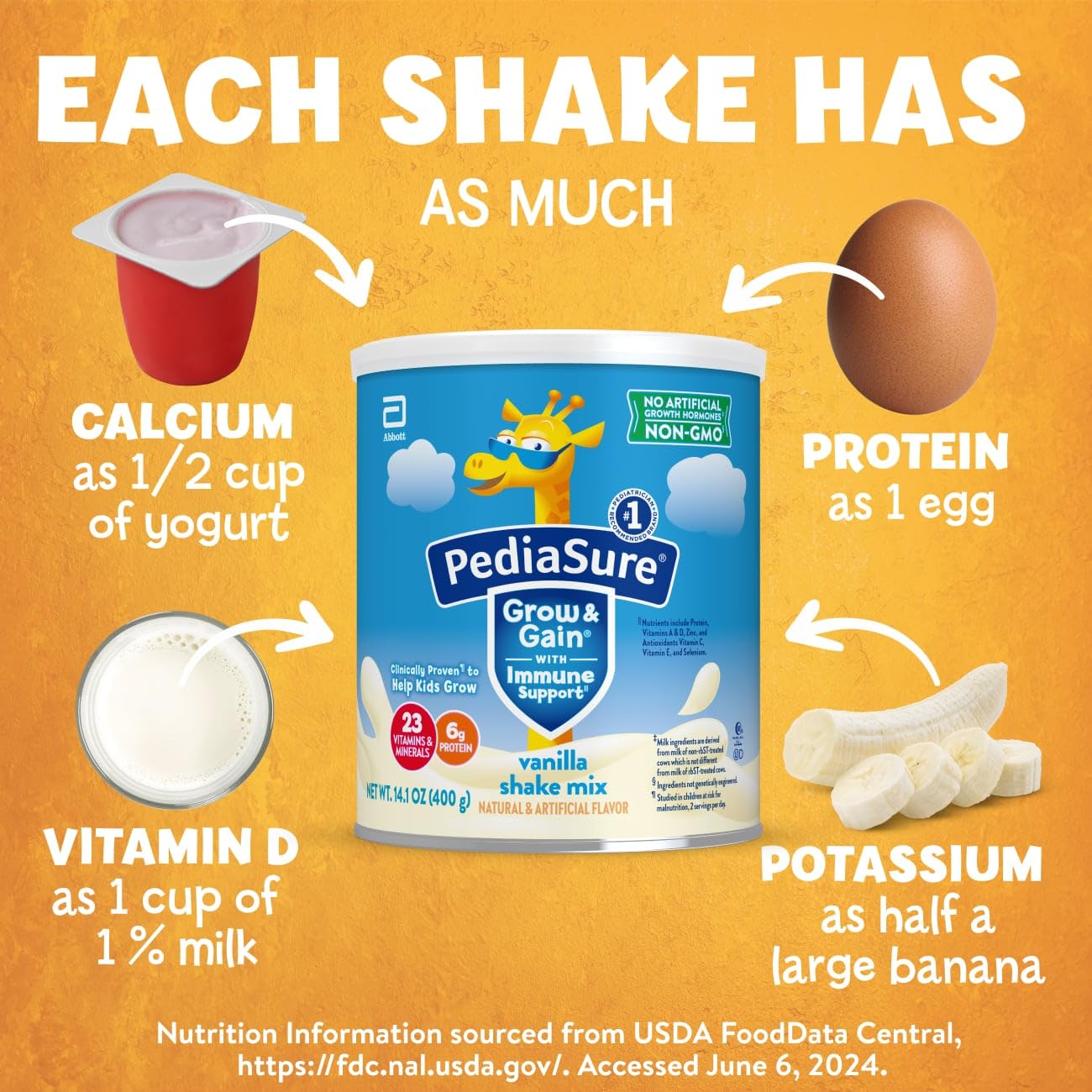 PediaSure Grow & Gain with Immune Support Shake Mix Powder, 23 Vitamins & Minerals, 6g Protein, Non-GMO, Gluten-Free, Vanilla, 14.1 oz Can, Pack of 3-24 servings