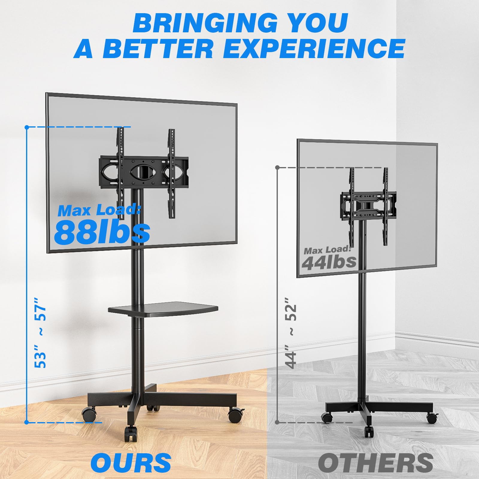 Rfiver Mobile TV Stand for 23-60 Inch LCD LED Flat/Curved Panel Screen TVs up to 88 lbs, Rolling TV Stand with Adjustable Shelf & Tilt, Portable Floor Stand on Wheels for Bedroom, Living Room, Office