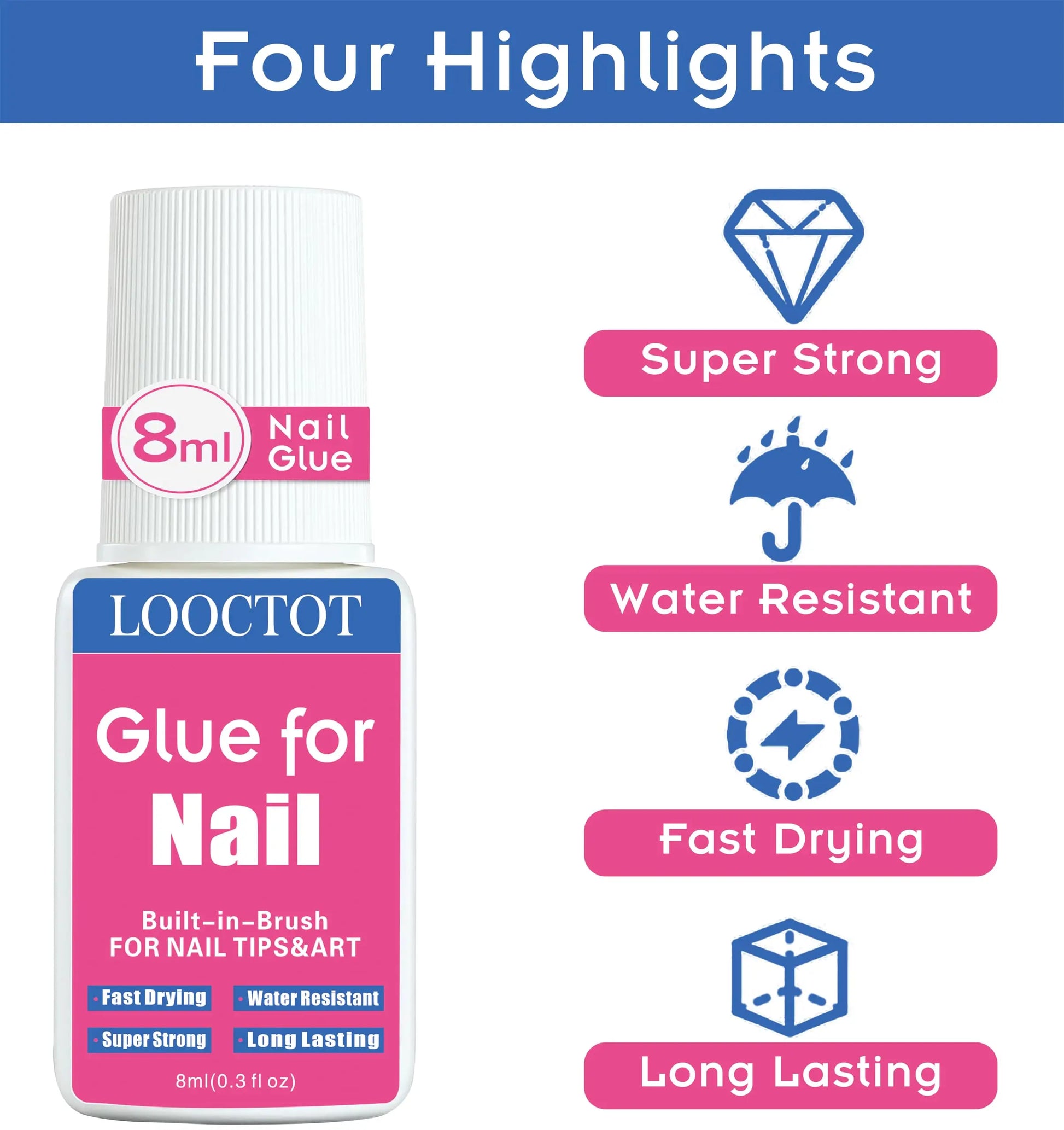 Super Strong Nail Glue for Nail Tips,Acrylic Nails and Press on Nails,Built in Brush on Nail Glue for Press on Nails,Long Lasting Nail Cement(8ml*2)