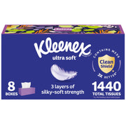 Kleenex Ultra Soft Facial Tissues, 8 Flat Boxes, 180 Tissues per Box, 3-Ply, Packaging May Vary