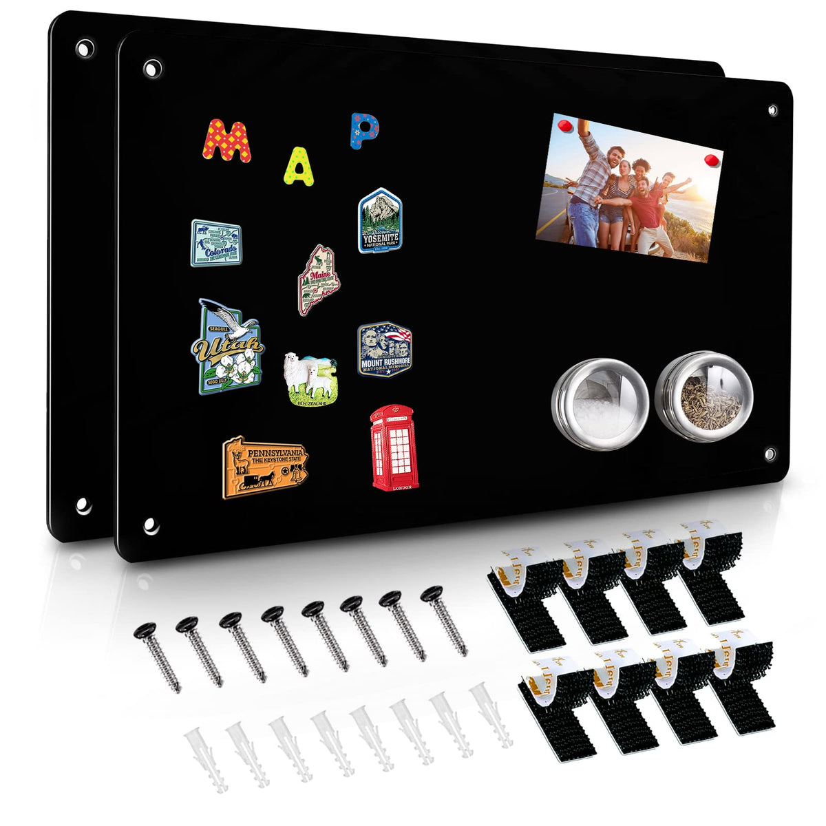 2er-Pack magnetische schwarze Tafel, 44,5 cm x 29 cm, magnetisches Schwarzes Brett zur Präsentation von magnetischen Notizen, Gedichten, Fotos, geeignet für Wand, Kühlschrank, Schrank usw., Lieferung mit 8 Stück Dual Lock Klebeband und Schrauben