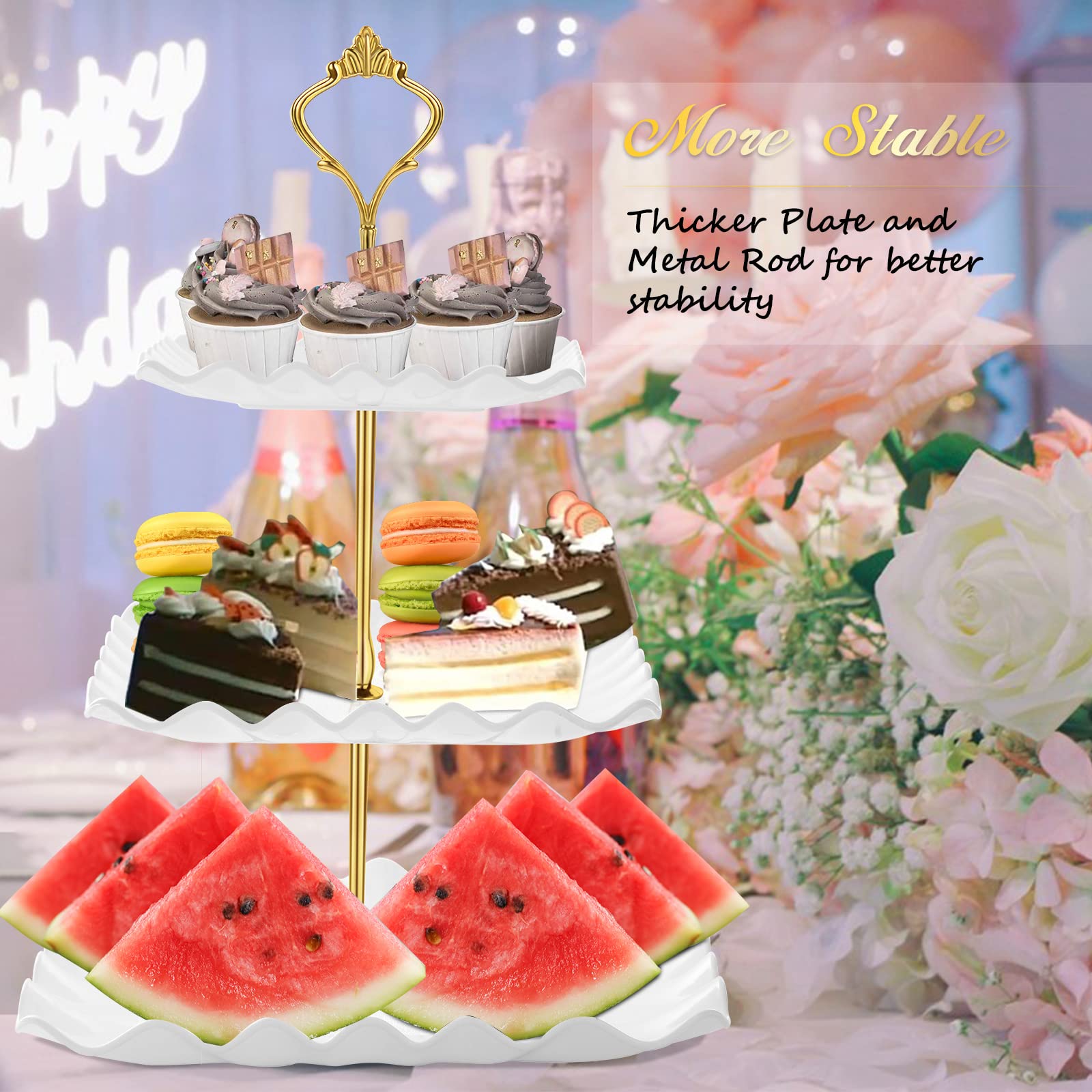 DAFURIET Dessert Cupcake Stand, 3 Tier Cup Cake Holder Tower for Tea Party/Birthday/Wedding, Plastic Tiered Serving Tray with Metal Rod, White