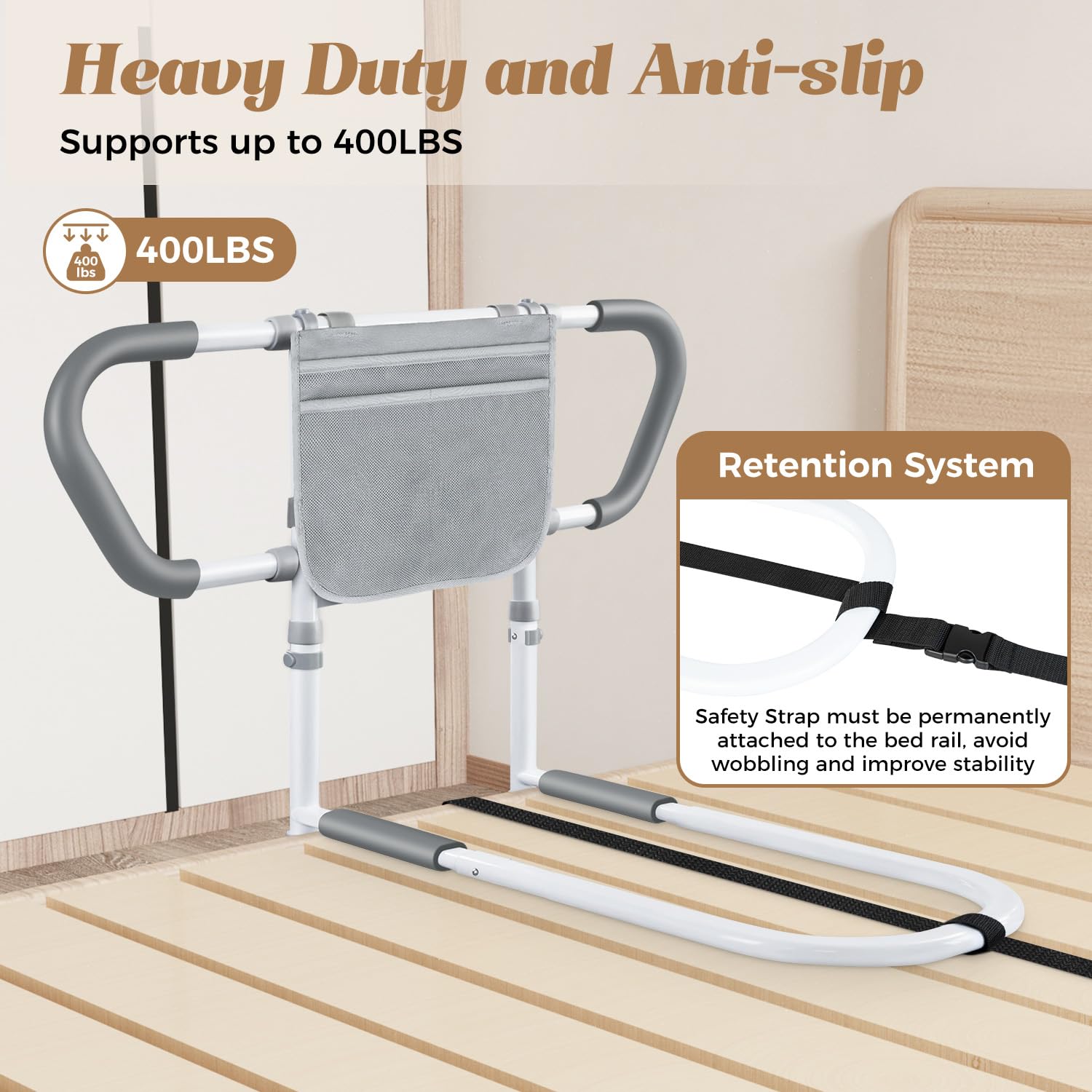 Bed Rails for Elderly Adults Safety: Adjustable Bedside Assist Rails with Storage Pockets, Non-Slip Handles, Sensor Night Light, 400LB Gravity Capacity (Compatible with Bed Frames 15.5" or Highe)
