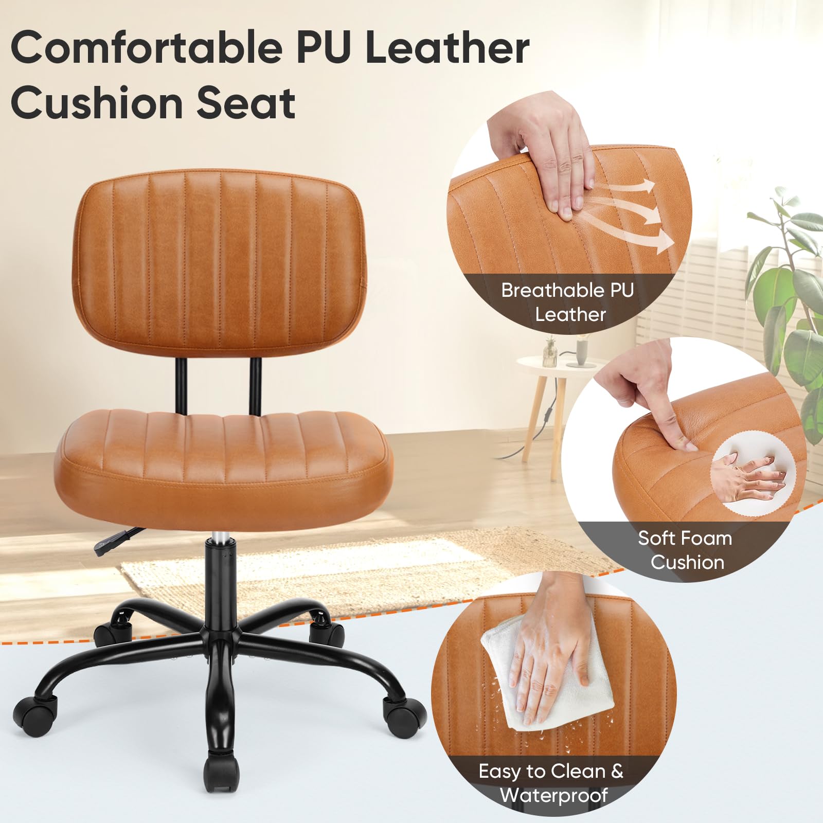 DUMOS Armless Home Office Desk Chair -Small Ergonomic with Low Back Lumbar Support, Height Adjustable PU Leather Computer Task with 360° Swivel Rolling Wheels, for Small Space, Brown