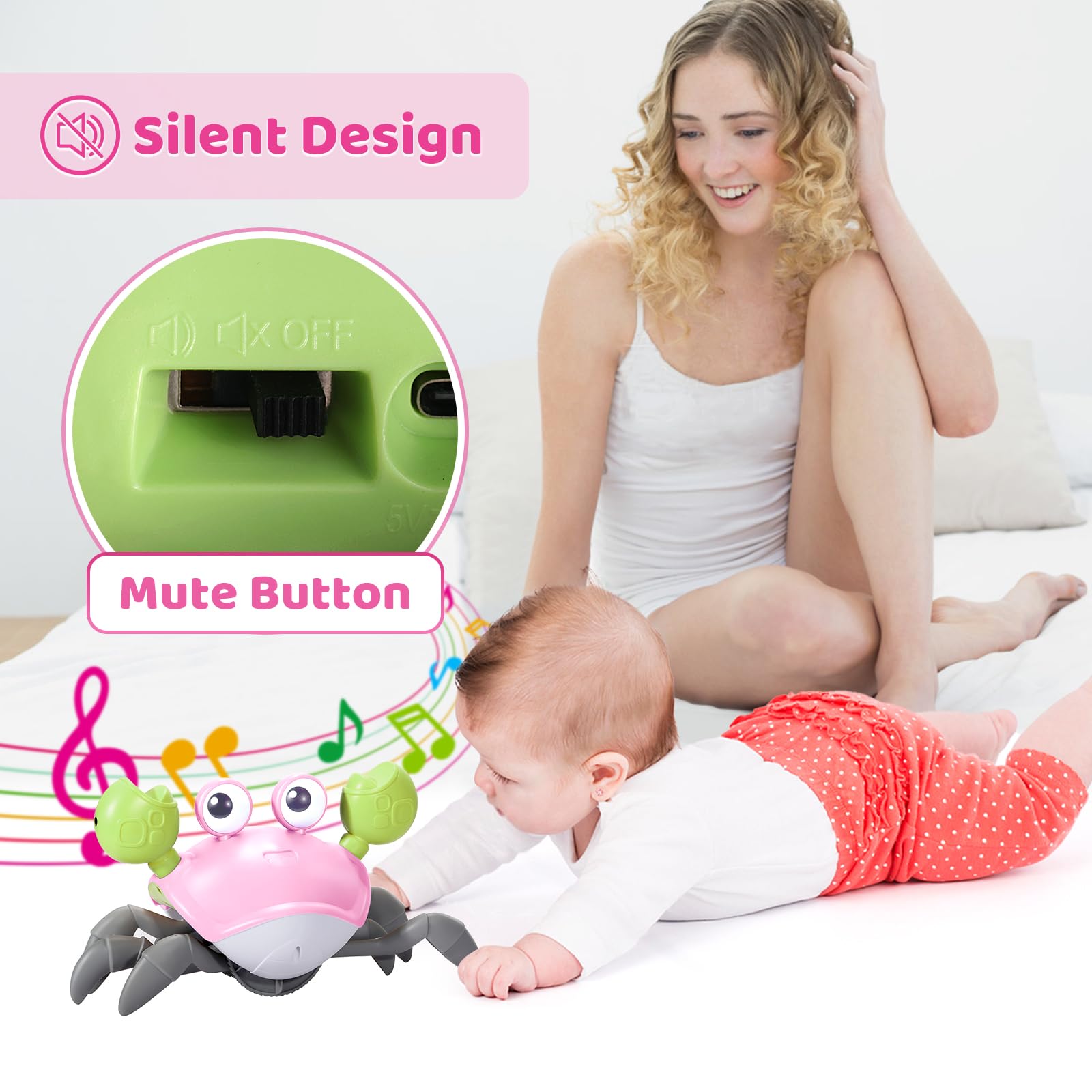 Plnmlls Crawling Crab Baby Toy - Tummy Time Toys - with Music and LED Light,Built-in Rechargeable Battery and Volume Can be Turned Off for 0-6 6-12 12-18 36 Months Walking Toddler Birthday Gift(Pink)