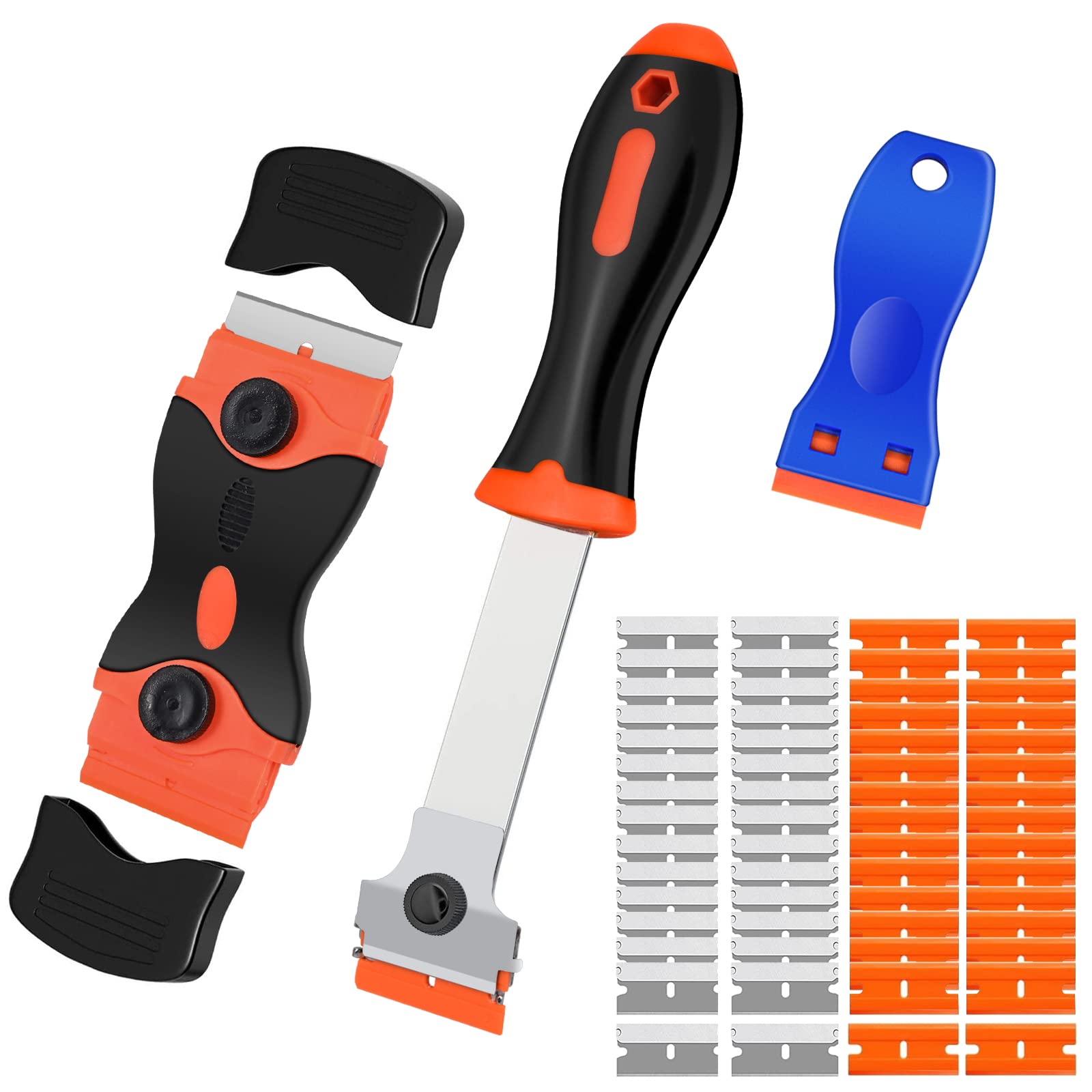 Razor Blade Scraper Tool, 3 Pack with 50 Plastic & 30 Metal Razor Blades, Cleaning Scraper for Removing Label, Registration Sticker, Tint, Grease from Windshield, Appliance, Glass