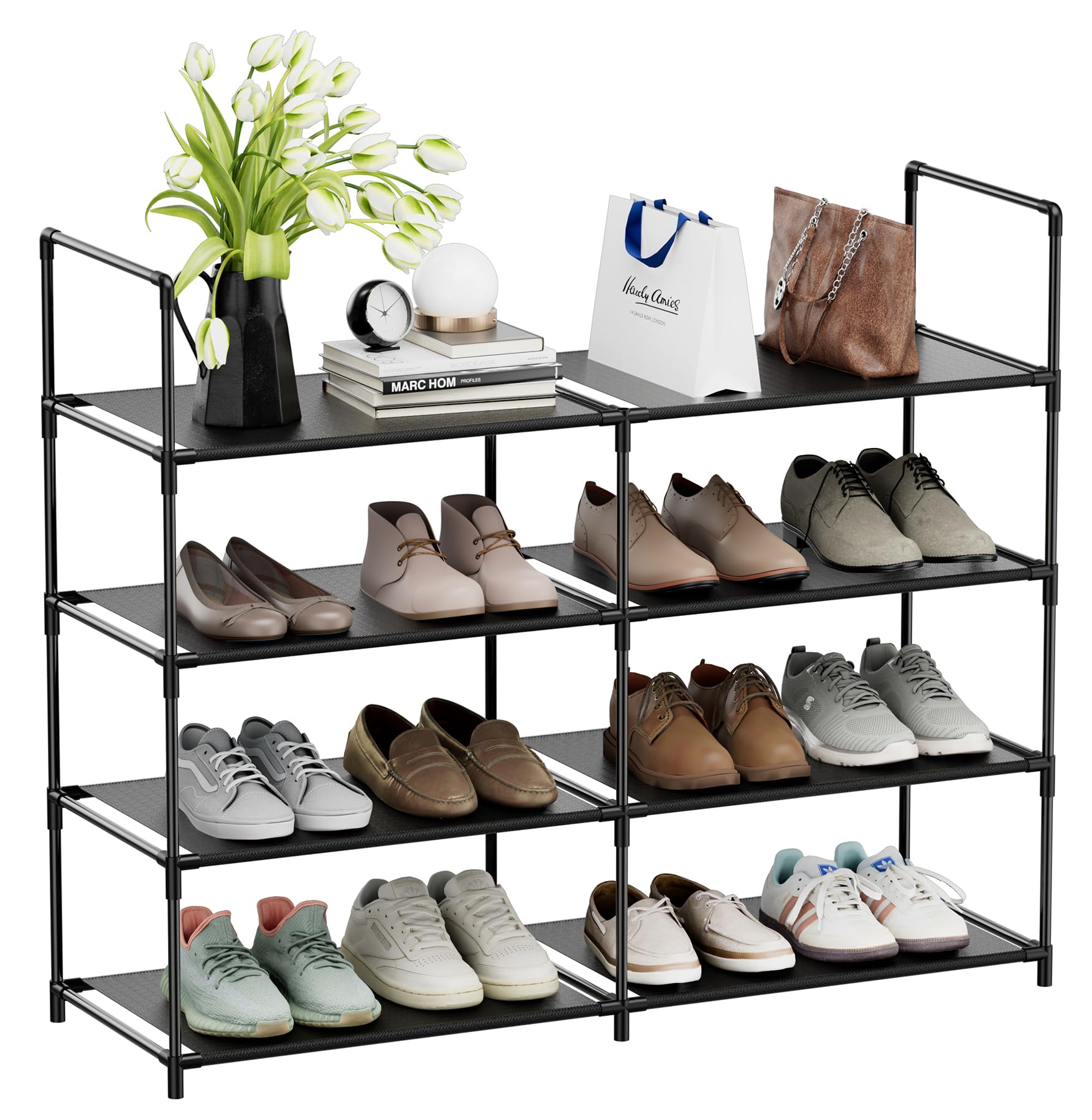 FIDUCIAL HOME 4 Tiers Shoe Rack Organizer 16-20 Pairs Stackable Shoe Storage Shelf Durable for Closet Entryway, Black