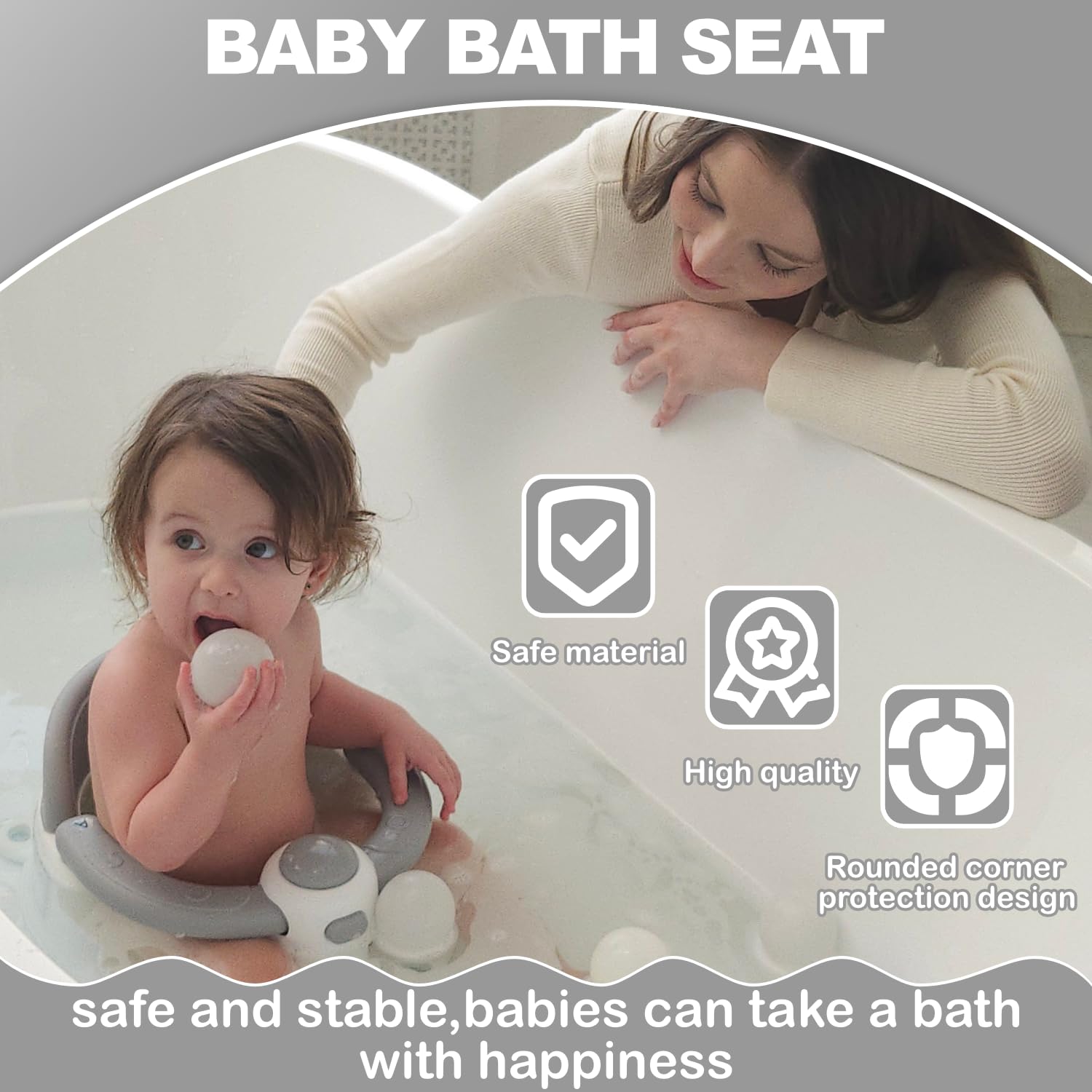 Trankerloop Baby Bath Seat for Babies 6 Months & up, Non-Slip Toddler Bath Seat for Baby & Newborn, Sit Up Bath Seat for Baby,Grey