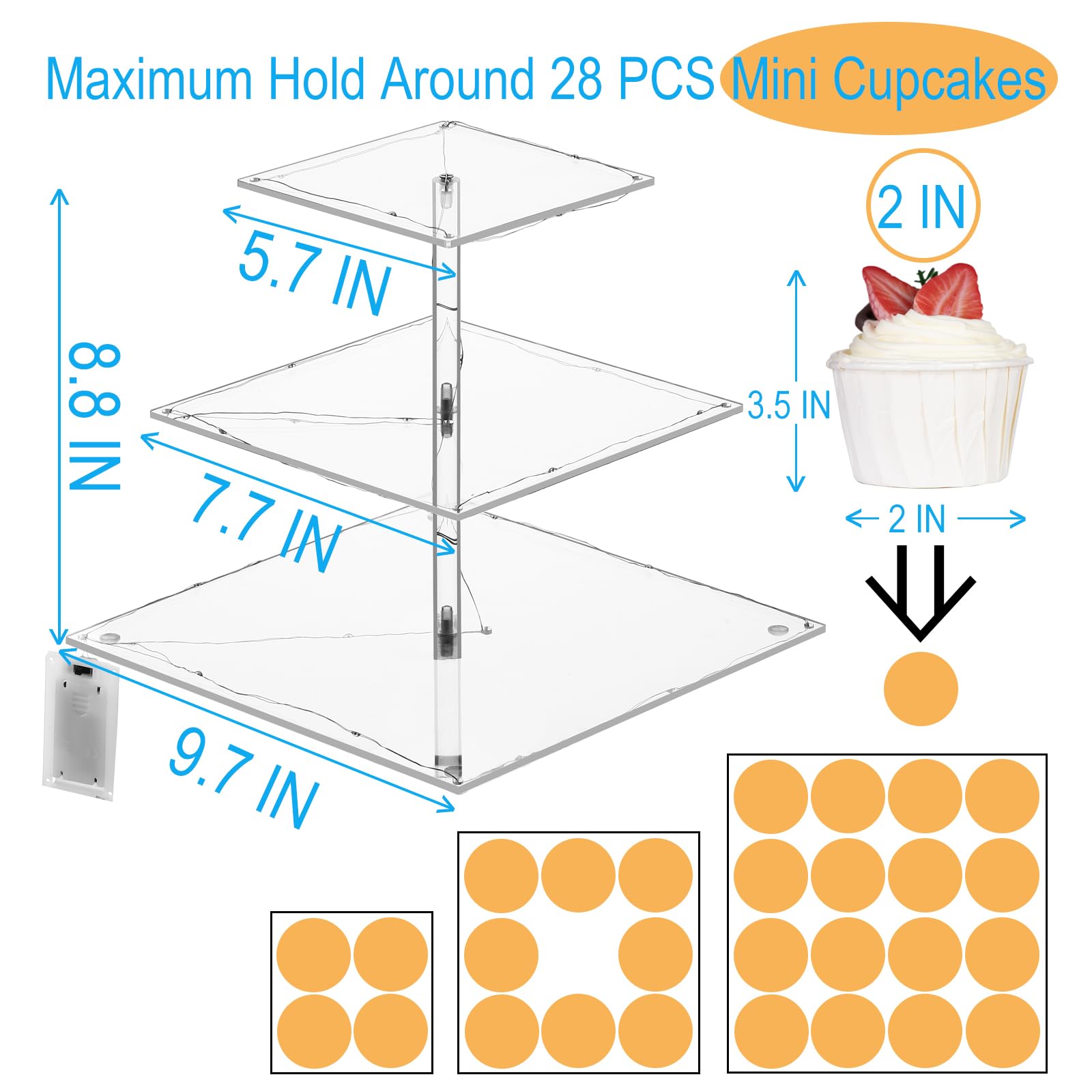 HENABLE 3 Tier Cupcake Stand Cupcake Holder, Acrylic Cupcake Tower with LED Yellow Light for 24 Cupcakes, Dessert Table Display Set for Birthday, Bar, Decor Weddings, Parties Events