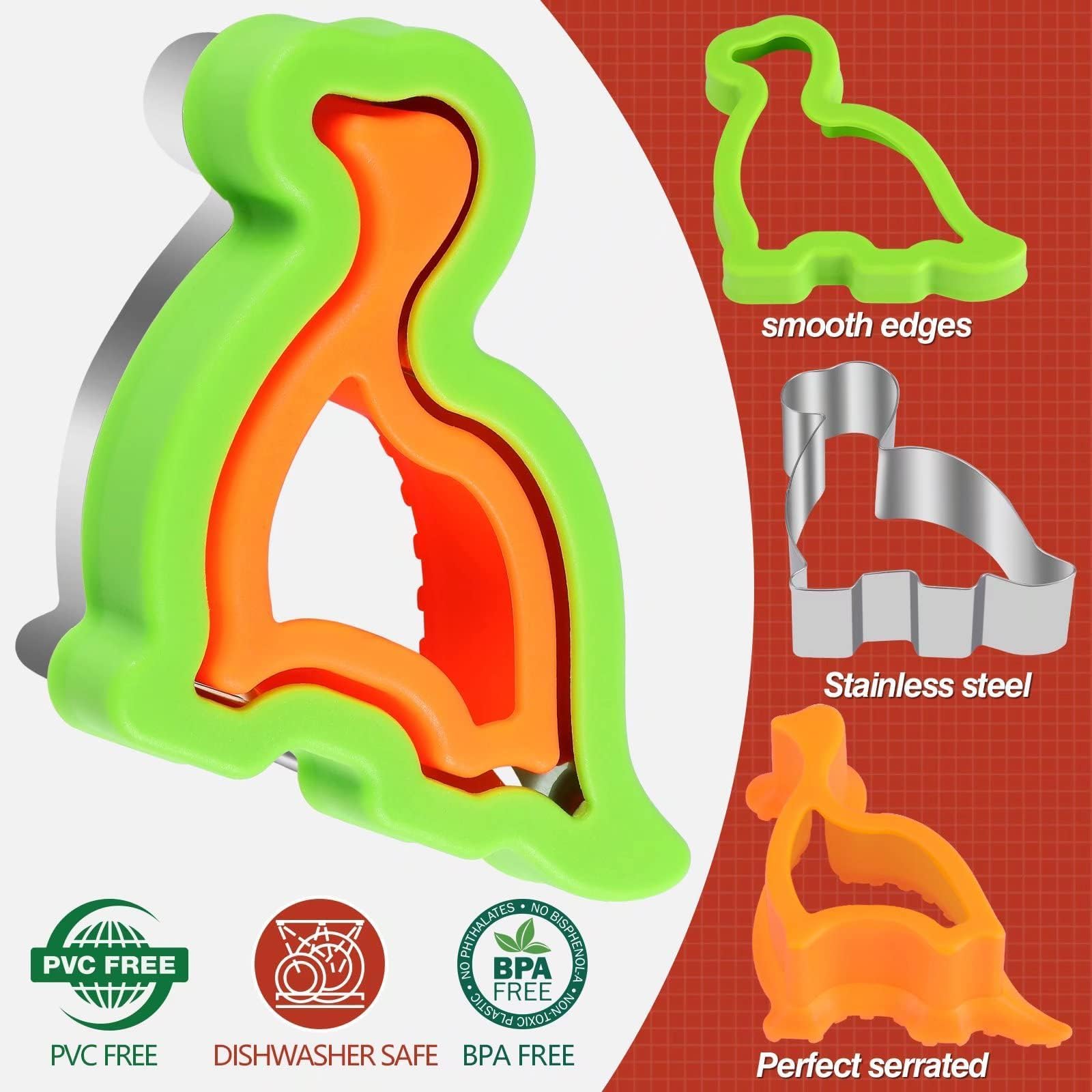 HINZER Sandwich Cutter and Sealer Set 4 Pcs Bread Decruster Sandwich Cutter Pancake Maker Heart Square Circle Dinosaur Shape DIY Cookie Cutters Gift for Kids Adult Boys Girls