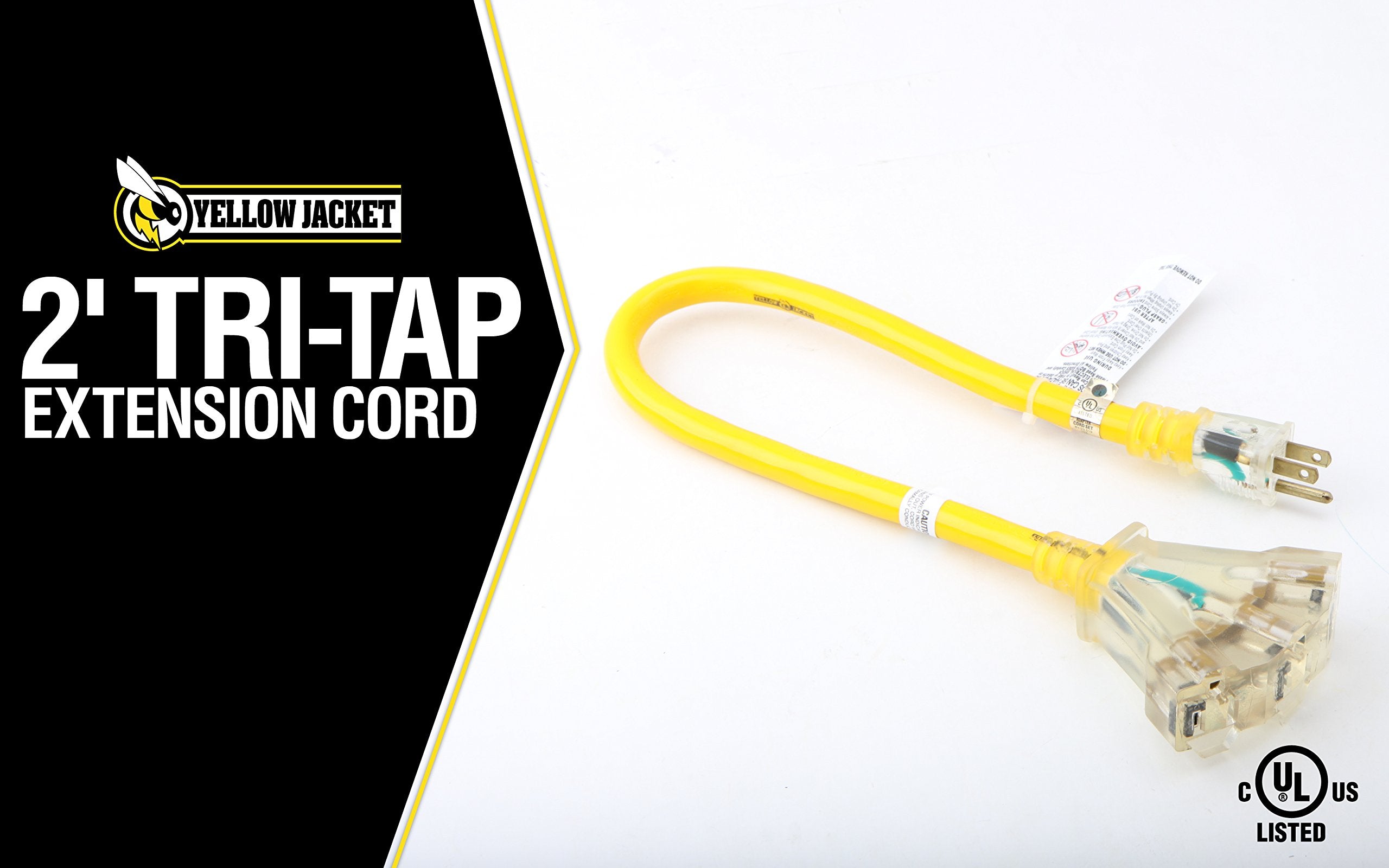 Yellow Jacket 2882 12/3 Heavy Duty 15-Amp, 125 Volts 1875 Watts, Premium SJTW Contractor Grade 3 Outlet Extension Cord with Lighted End, 2-Feet, Yellow, UL Listed, 2 Foot,…