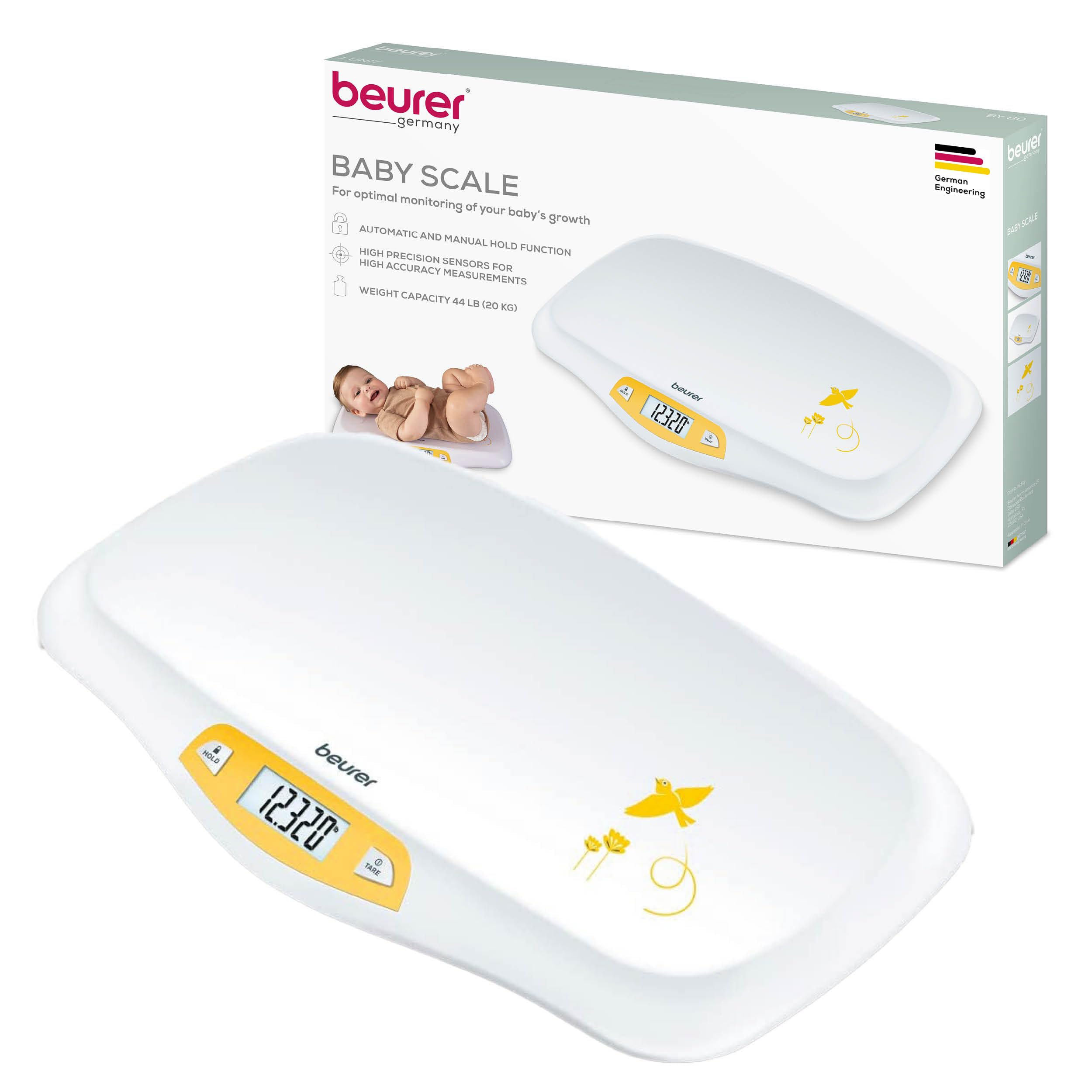 Beurer BY80 Digitale Babywaage, Säuglingswaage zum Wiegen in Pfund, Unzen oder Kilogramm bis zu 20 kg, Neugeborenenwaage mit Haltefunktion, Tierwaage für Katzen und Hunde