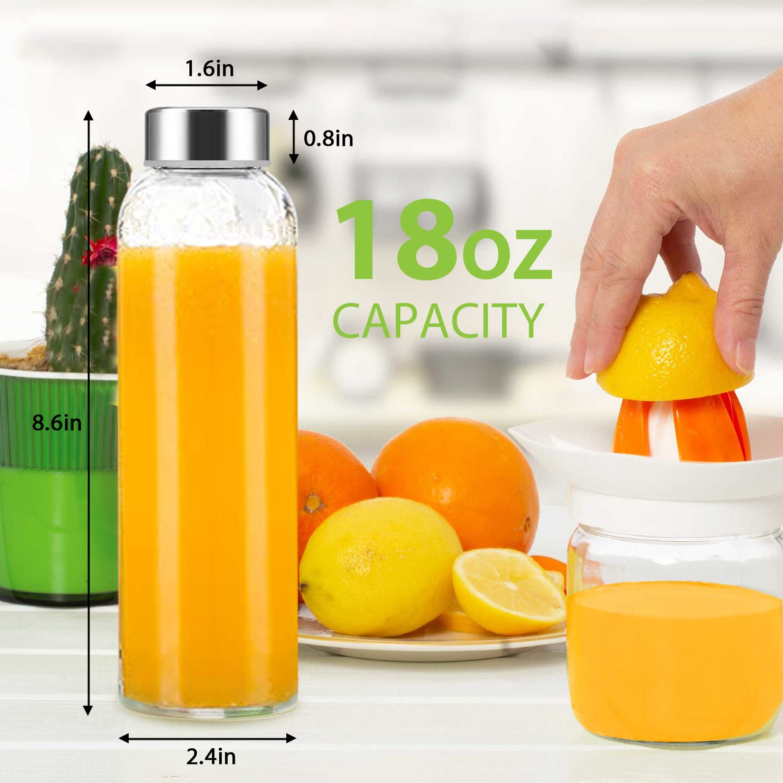 Luxfuel Clear Glass Bottles with Lids 18 oz, Reusable Glass Water Bottles with Stainless Steel Cap for Juicing, Refrigerator,100% Leak Proof, BPA Free, Juice Water Bottle Set of 6