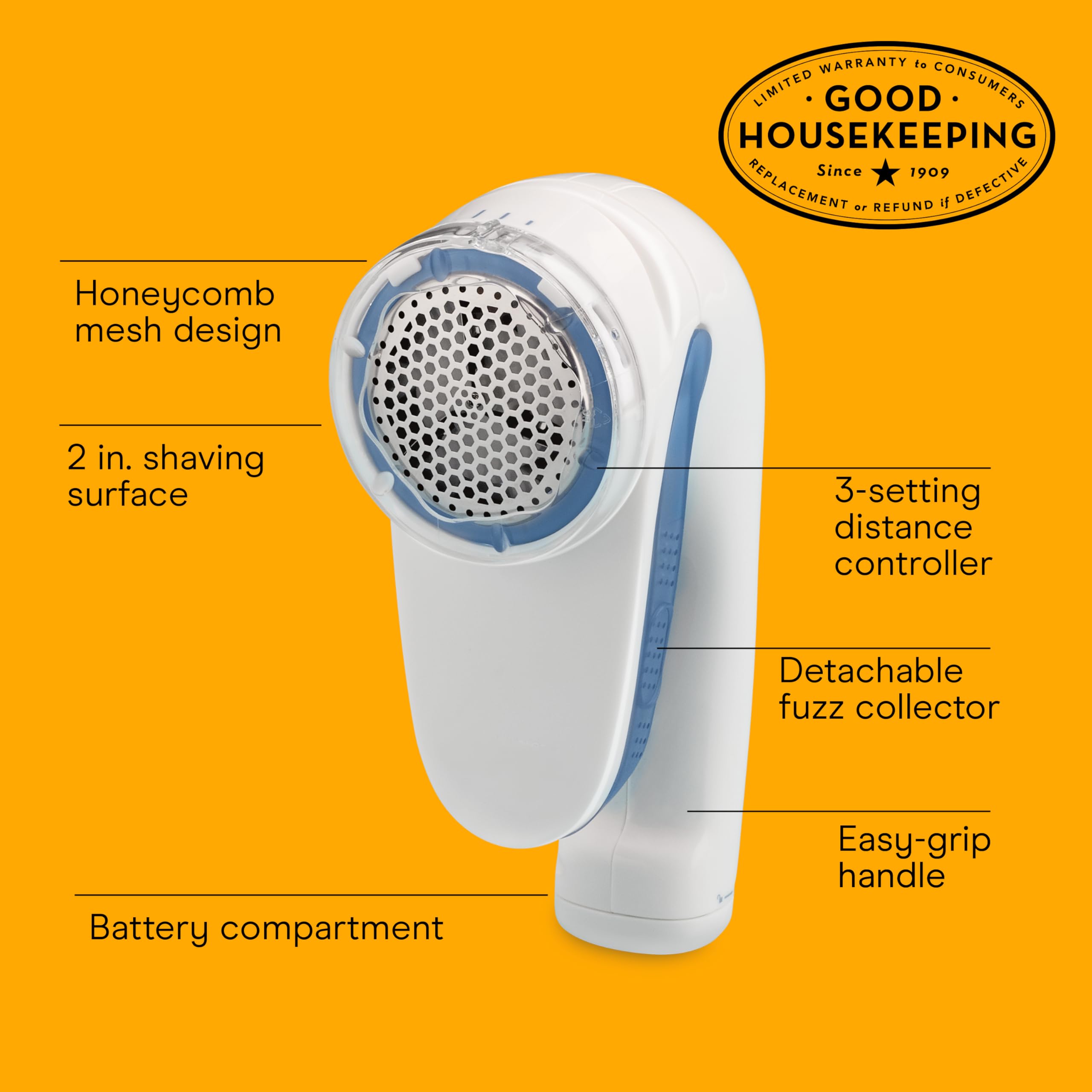 Conair Fabric Shaver and Lint Remover, Battery-Operated Portable Clothes Shaver with 3 Settings, Fuzz Remover for Sweaters, Clothing and Furniture, Large 2-Inch Shaving Head, White