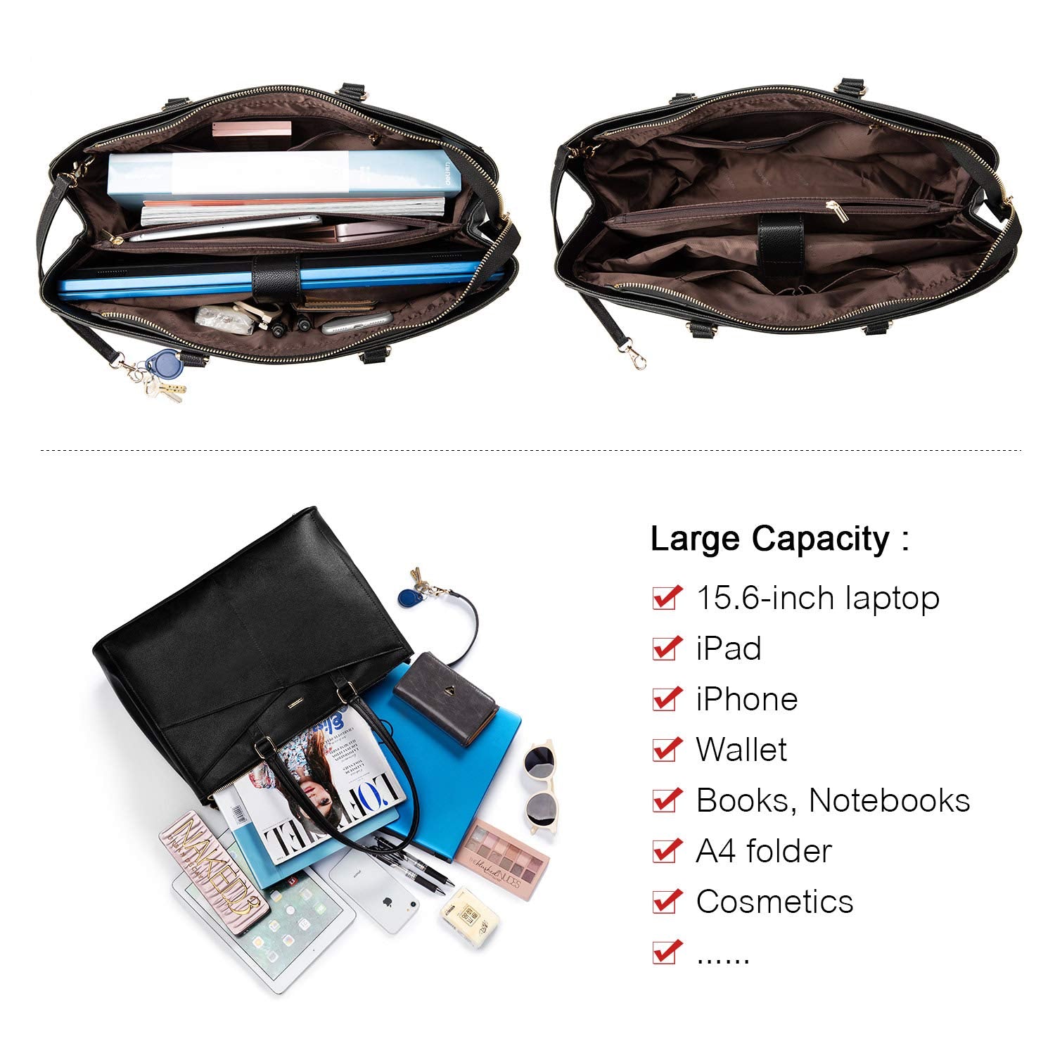 LOVEVOOK Laptop Tote Bag for Women 15.6 Inch Waterproof Leather Computer Bags Business Office Work Briefcase Black