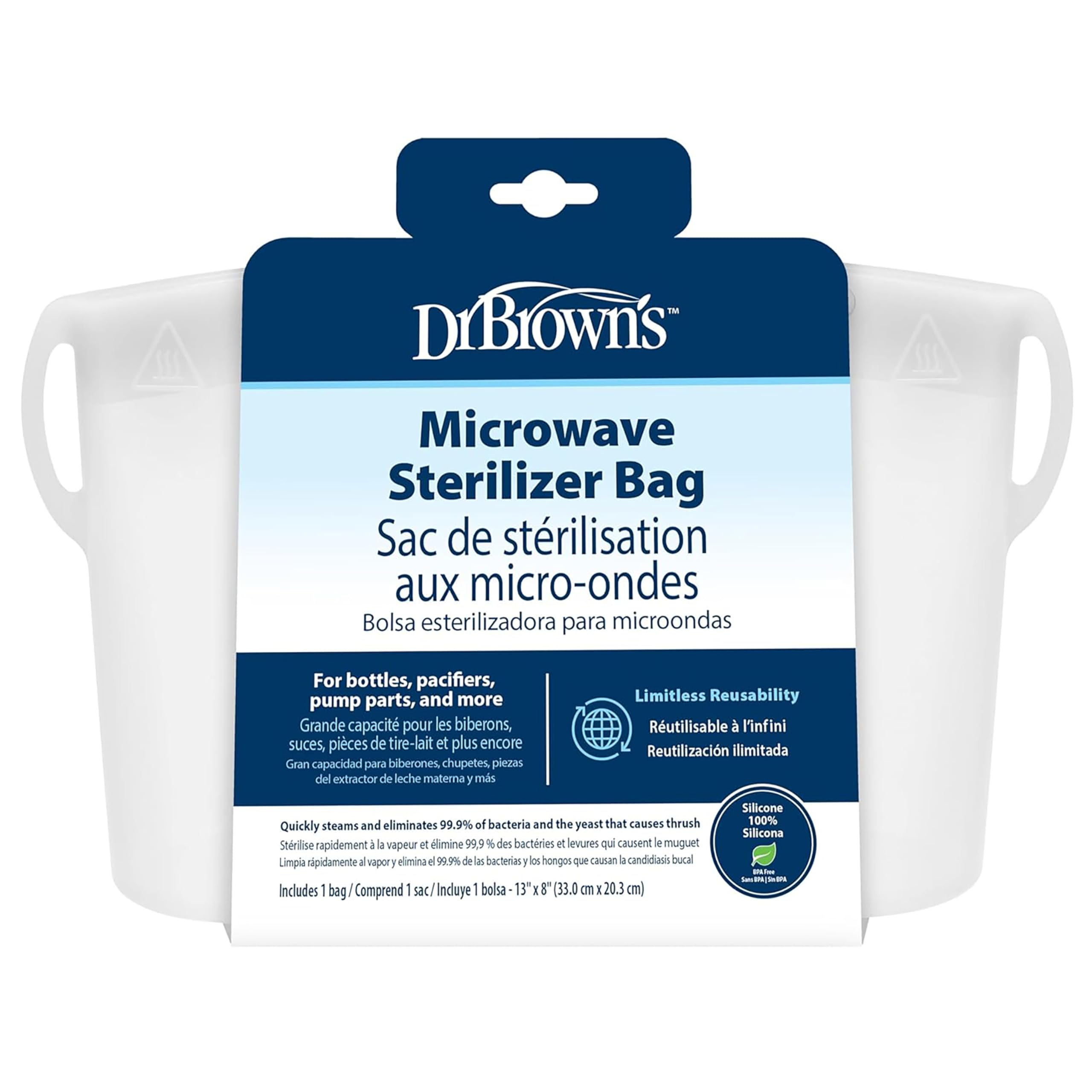 Dr. Brown's Microwave Steam Sterilizer Bag for Baby Bottles, Breast Pump Parts & Other Toddler Accessories, 100% Silicone, Reusable Sterilizing Bag