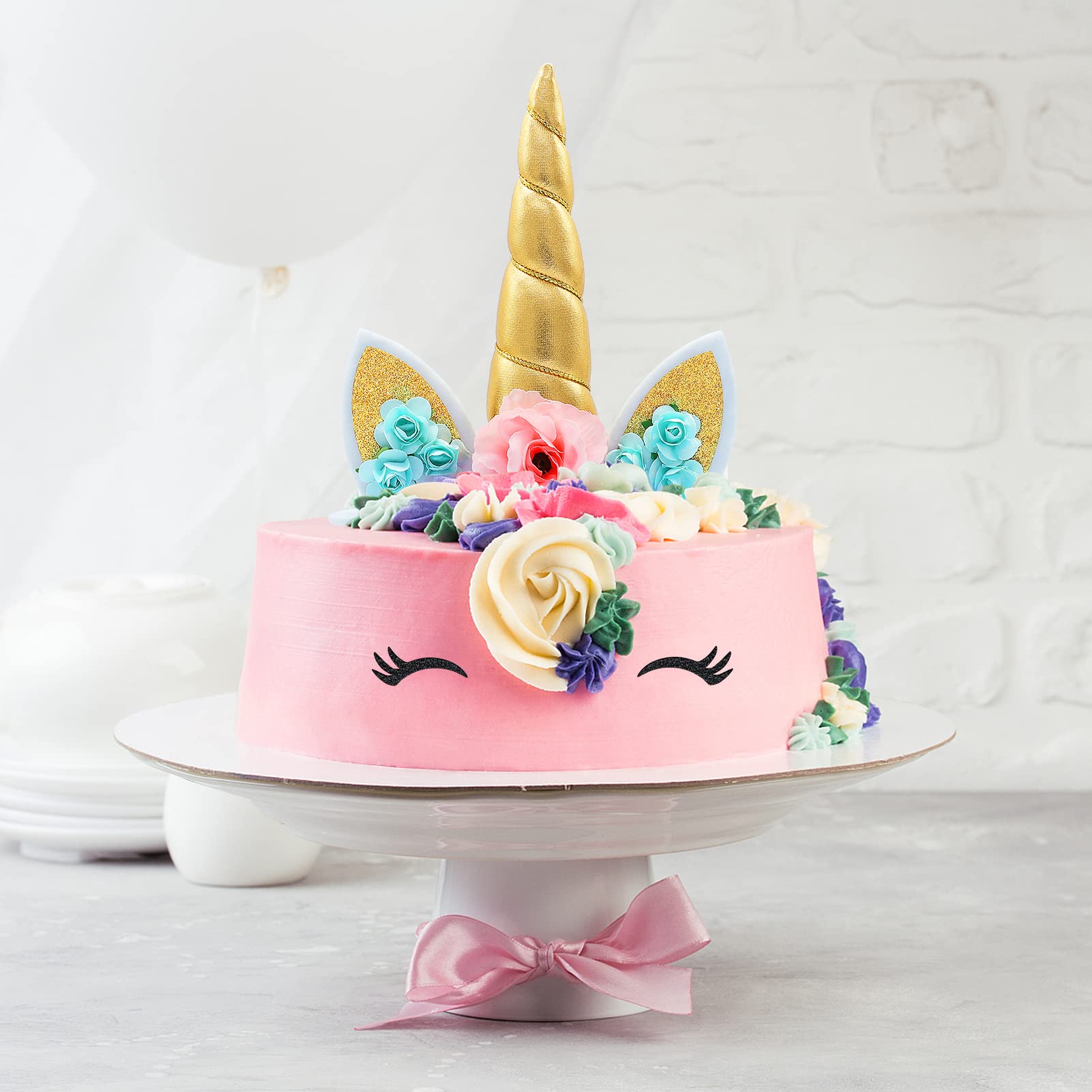 Zkptops Unicorn Cake Topper Birthday Party Supplies Unicorn Birthday Decorations Gold Horn Cake Topper Accessory with Eyelashes Cute Handmade Reusable Cake Toppers for Girls Kids Women 5.8 Inch