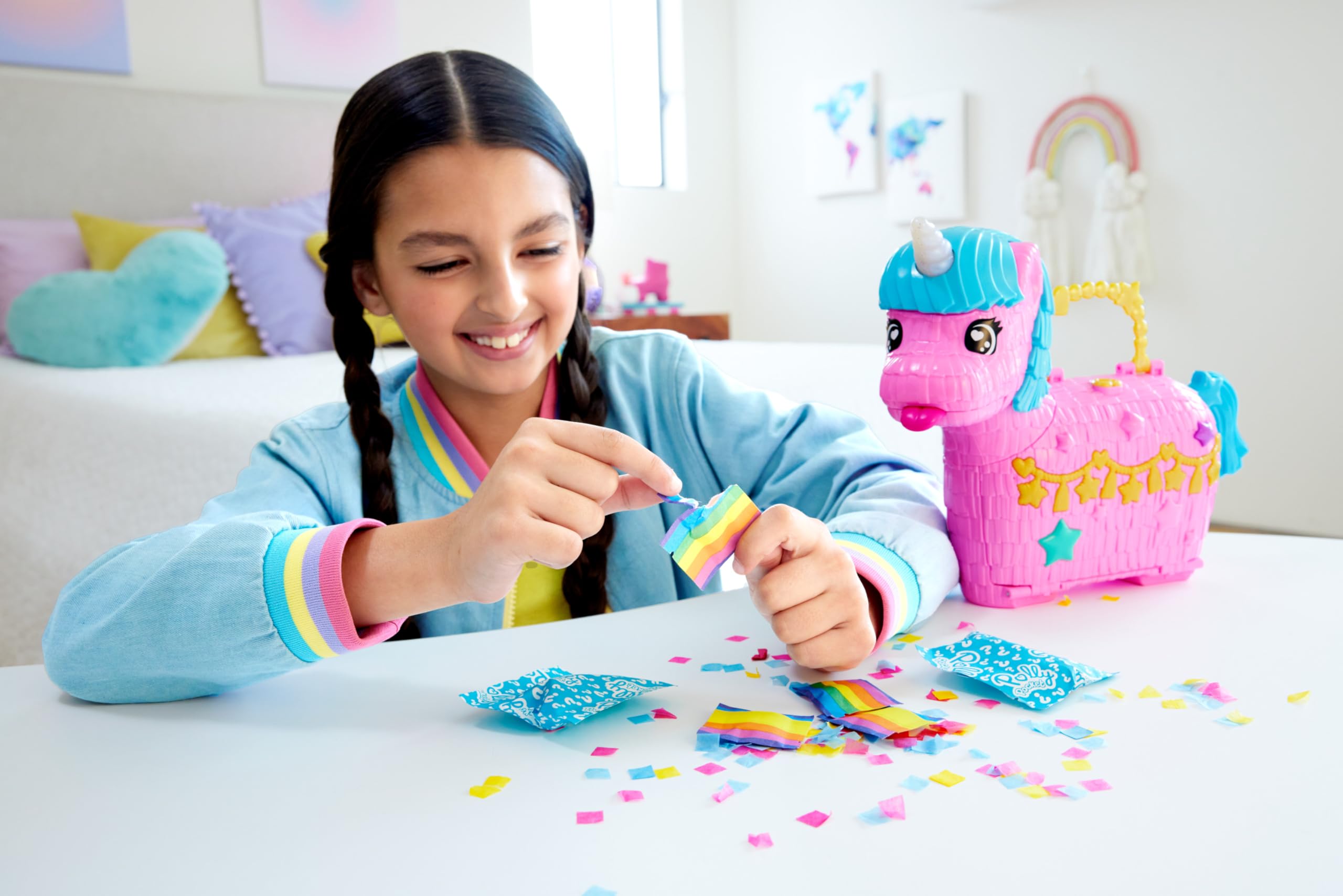 Polly Pocket Dolls & Playset with Pets & 25+ Surprise Accessories, Birthday Celebration Unicorn Partyland Playset, Hot Air Balloon Ride