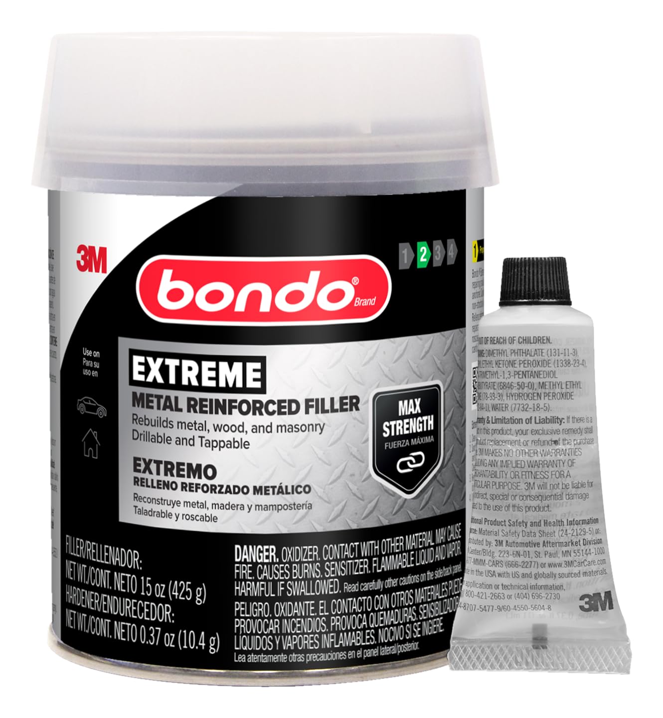 Bondo Metal Reinforced Filler - High Strength Filler, Can be Drilled and Tapped - Will Not Rust, 15 Fl oz with 0.37 oz Hardener