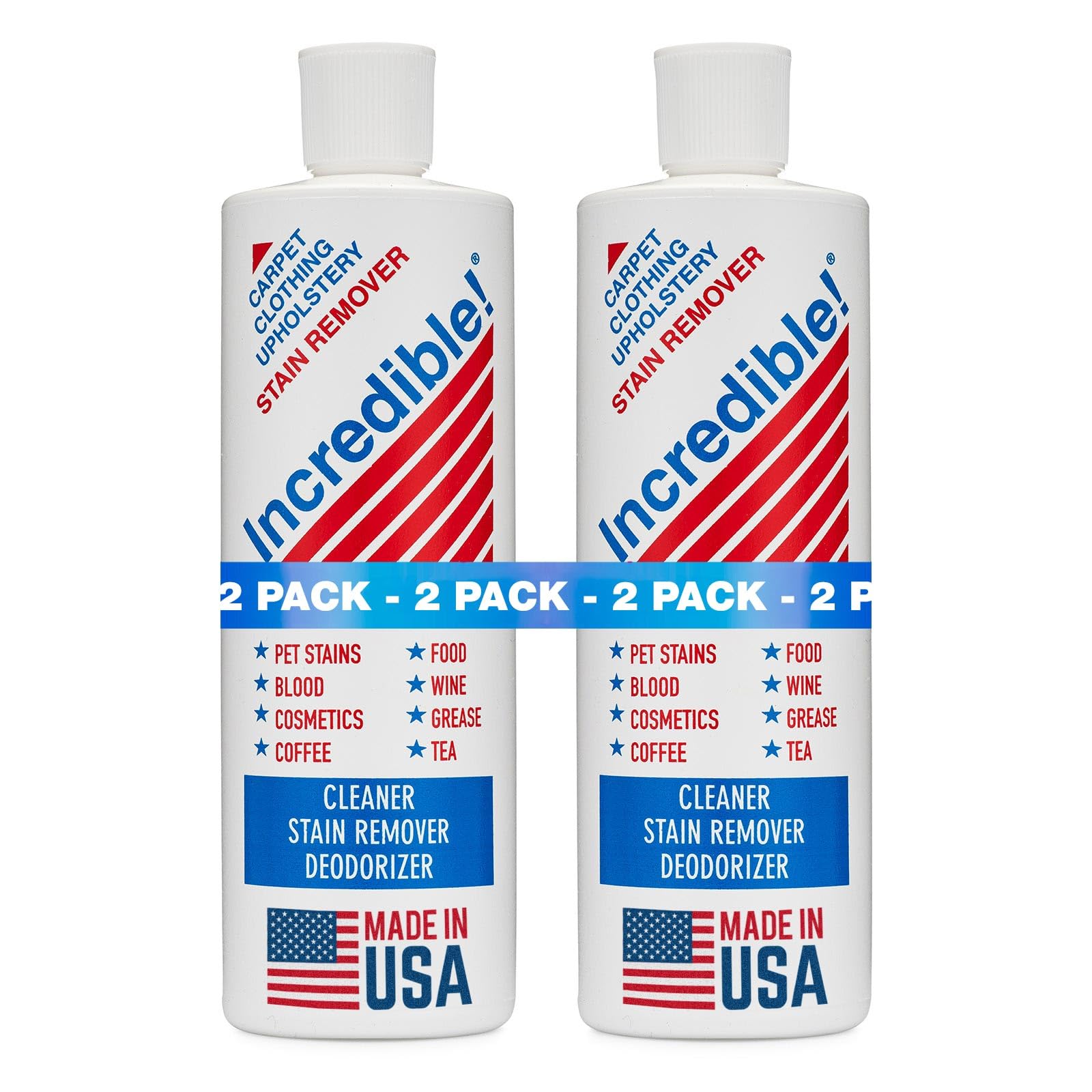 INCREDIBLE! Stain Remover - Instant Spot Remover For New and Old Stains - Blood, Red Wine, Coffee, Urine, Cosmetics, Pet Stains and Odor Eliminator - Carpets, Mattress, Laundry, 16.oz (2 Pack)