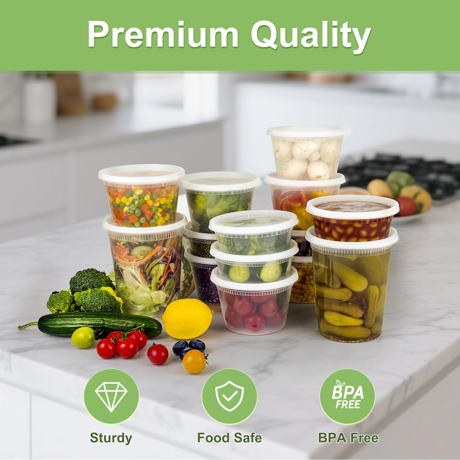 Dipoo 60 Sets (120-Piece) Deli Containers with Lids, 32/16/8 oz X 20 Set Each, Leak-Proof & BPA Free Airtight Takeout Plastic Food Storage Containers for Soup, Freezer/Microwave/Dishwasher Safe
